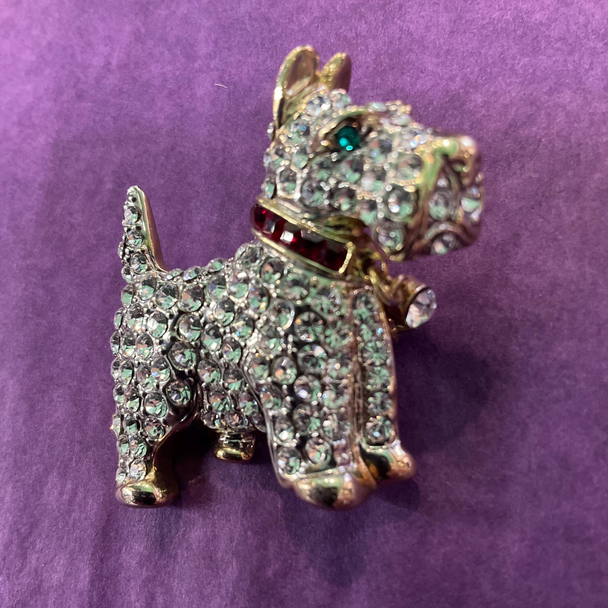 Vintage Butler and Wilson Silver Crystal Scottie Dog Brooch, Gold Tone with Silver, Red and Green rhinestones, Dog lover gift, signed
