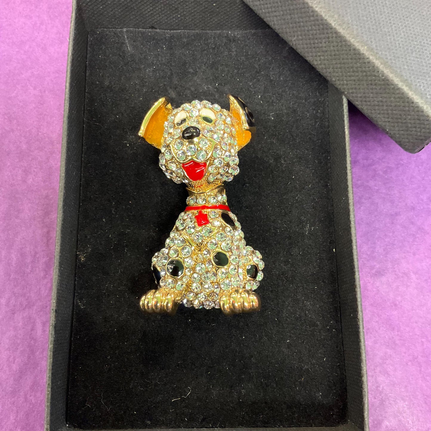 Vintage Butler and Wilson Crystal Large Dalmatian Brooch, Gold tone with Silver rhinestones and Enamel , Dog Lover gift