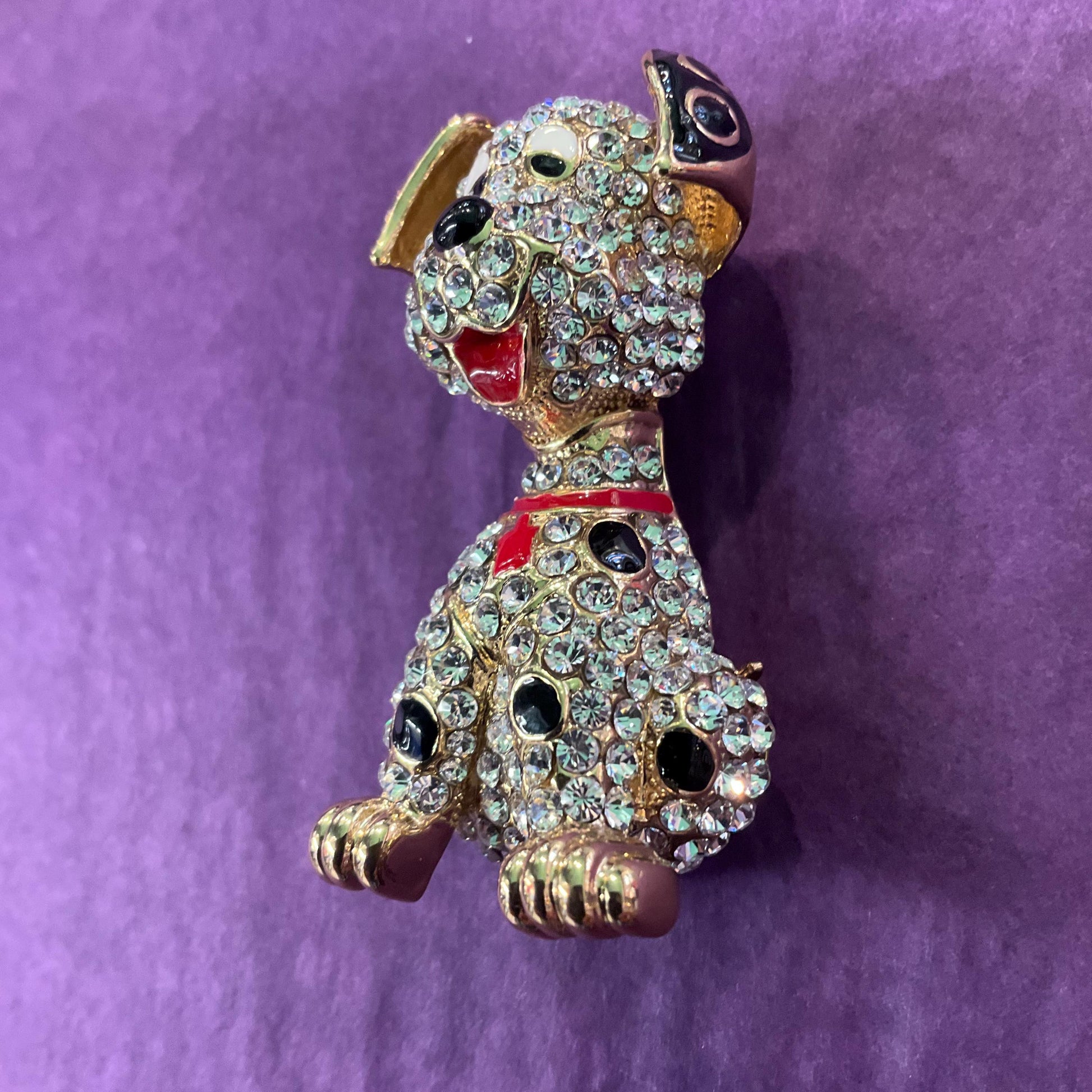 Vintage Butler and Wilson Crystal Large Dalmatian Brooch, Gold tone with Silver rhinestones and Enamel , Dog Lover gift