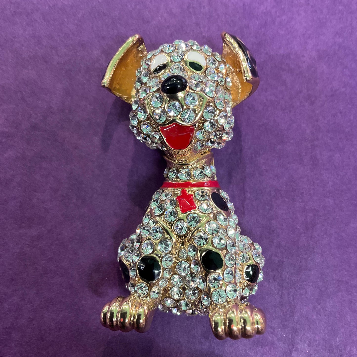 Vintage Butler and Wilson Crystal Large Dalmatian Brooch, Gold tone with Silver rhinestones and Enamel , Dog Lover gift