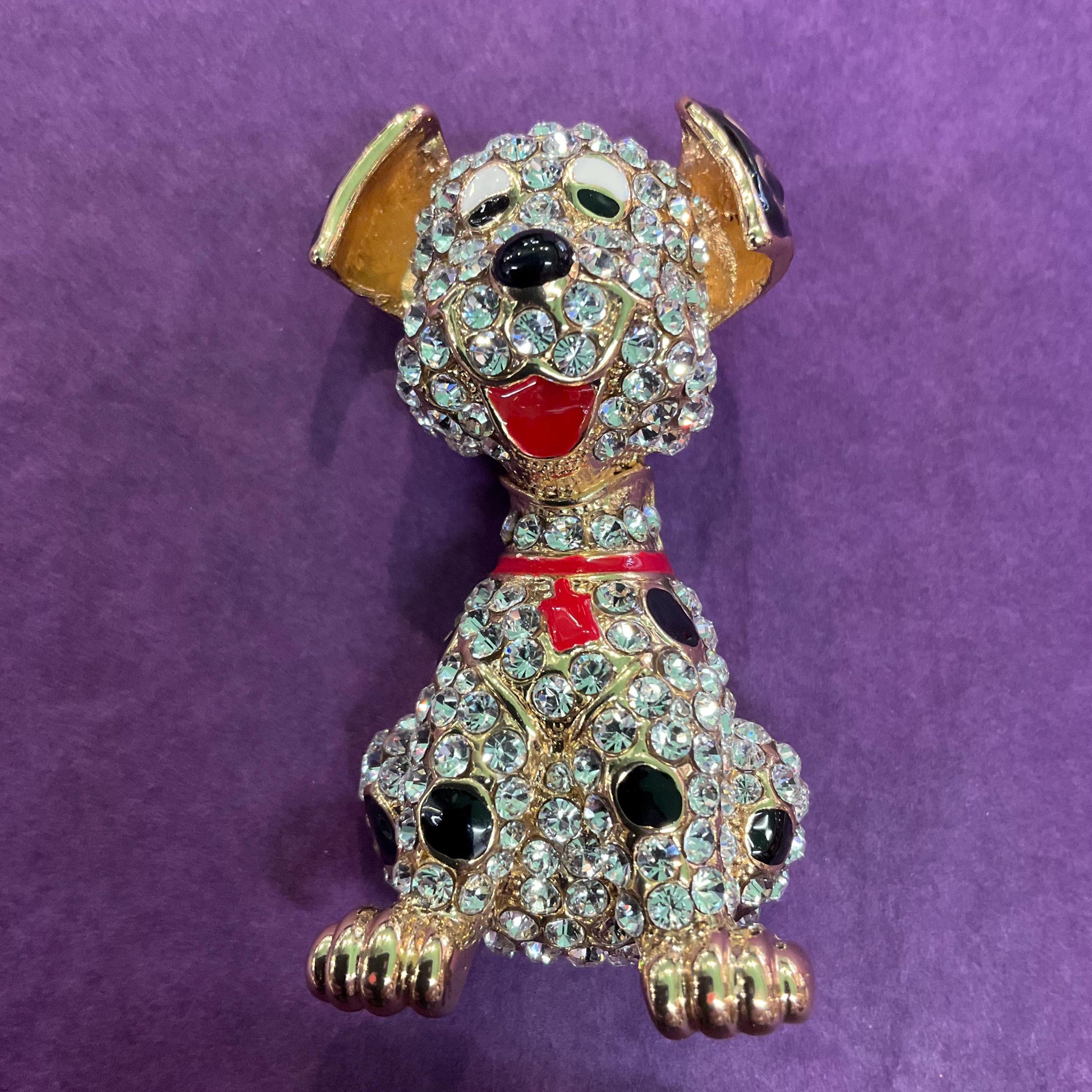 Vintage Butler and Wilson Crystal Large Dalmatian Brooch, Gold tone with Silver rhinestones and Enamel , Dog Lover gift