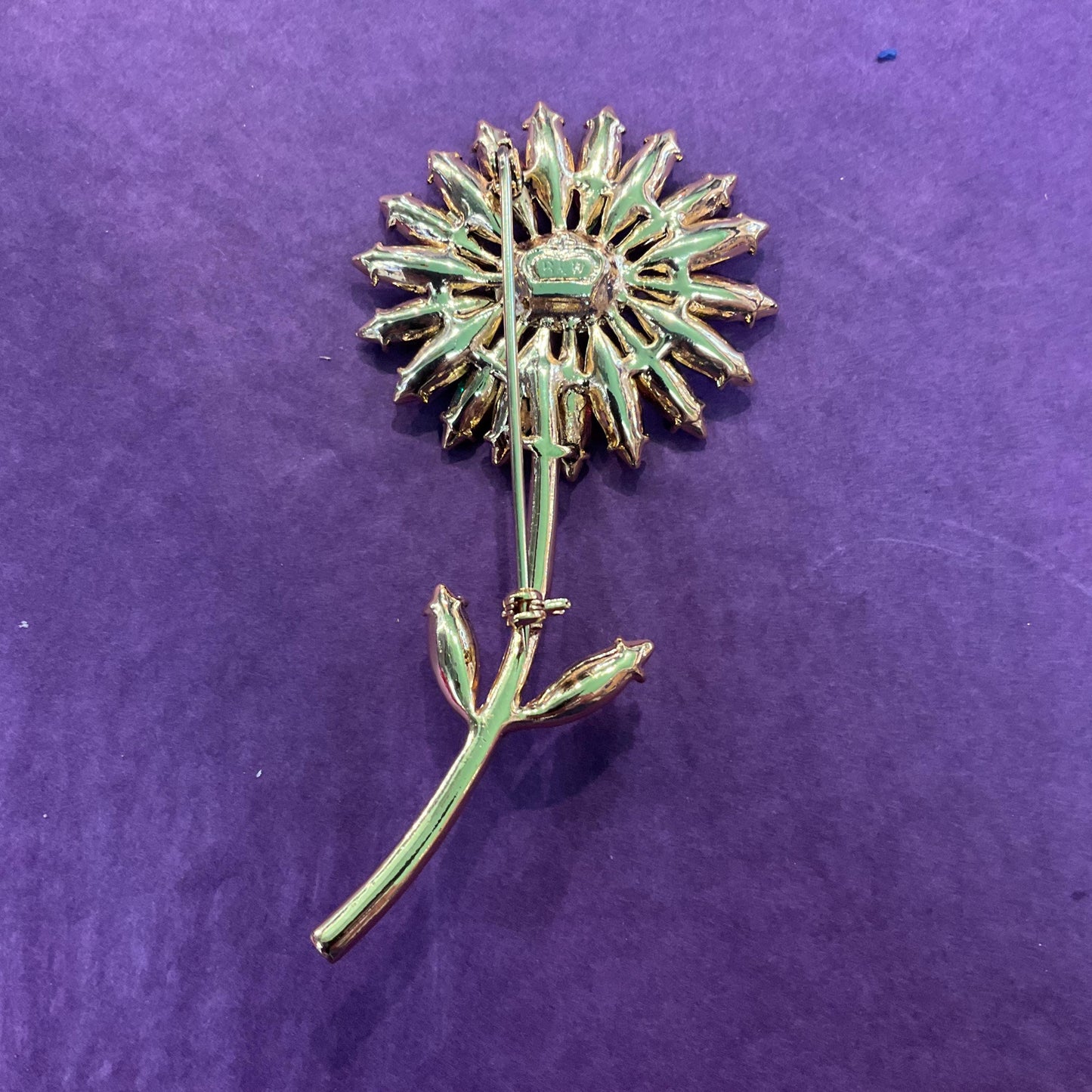 Vintage Butler and Wilson Large Crystal Gerberra Flower Brooch, Gold Tone with pink and Green faceted crystals, Signed in original box