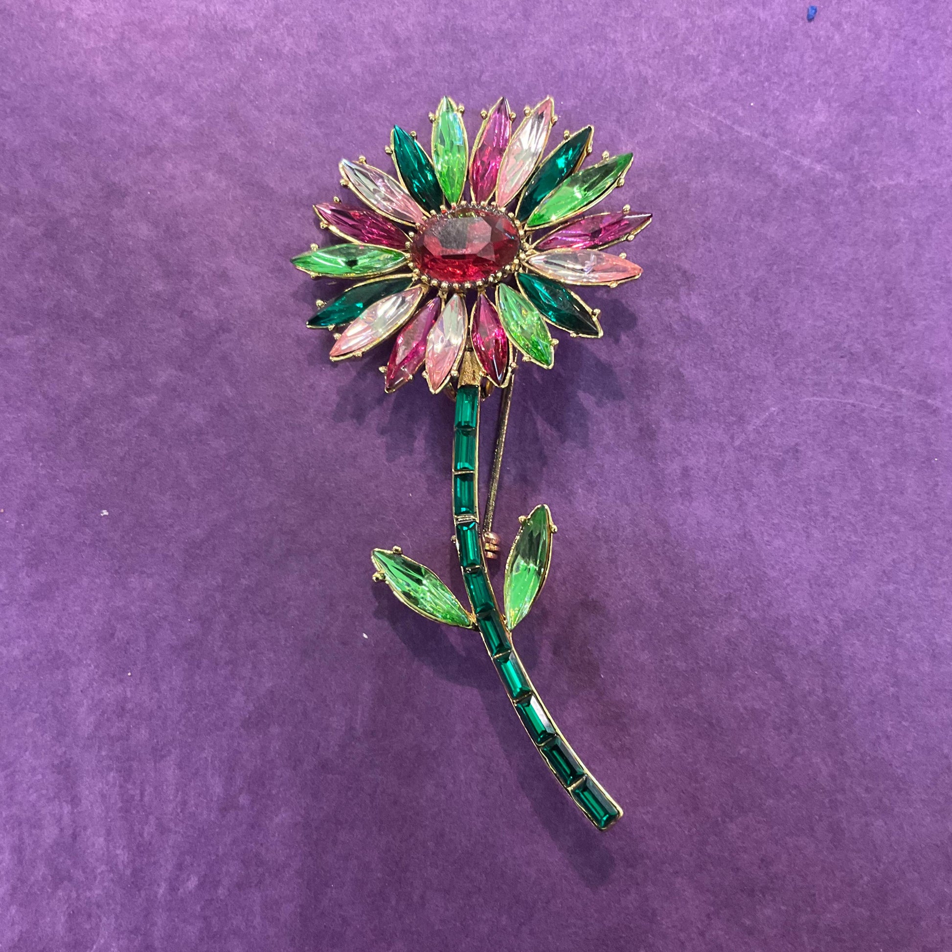 Vintage Butler and Wilson Large Crystal Gerberra Flower Brooch, Gold Tone with pink and Green faceted crystals, Signed in original box