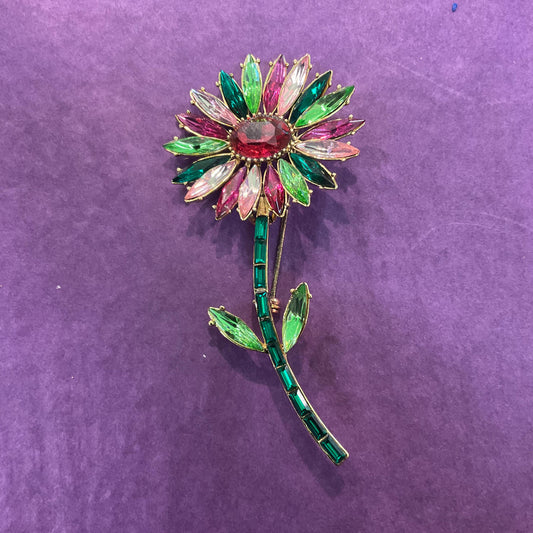 Vintage Butler and Wilson Large Crystal Gerberra Flower Brooch, Gold Tone with pink and Green faceted crystals, Signed in original box