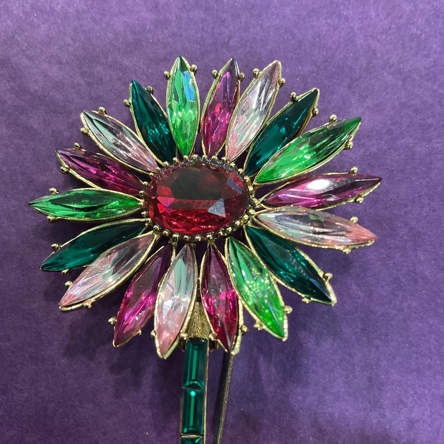 Vintage Butler and Wilson Large Crystal Gerberra Flower Brooch, Gold Tone with pink and Green faceted crystals, Signed in original box