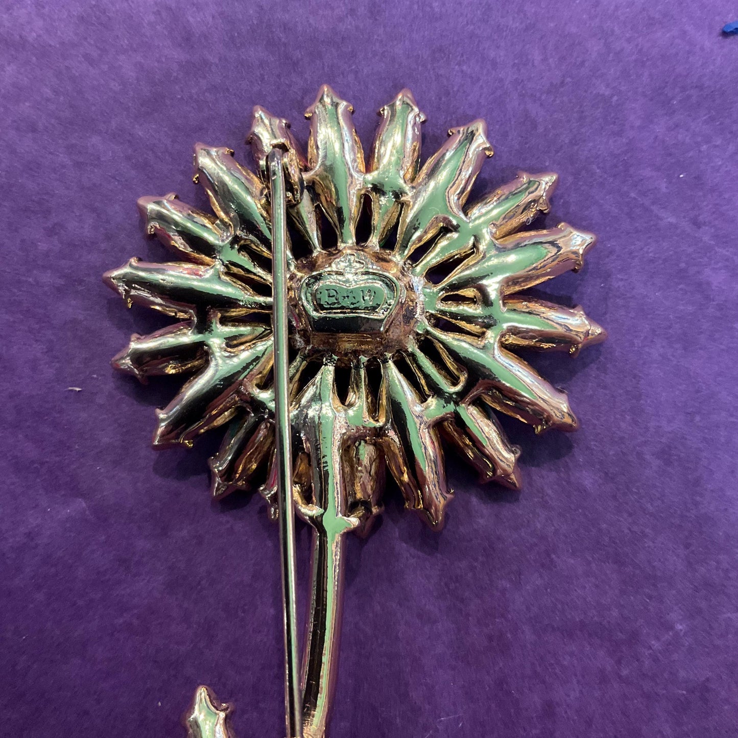 Vintage Butler and Wilson Large Crystal Gerberra Flower Brooch, Gold Tone with pink and Green faceted crystals, Signed in original box