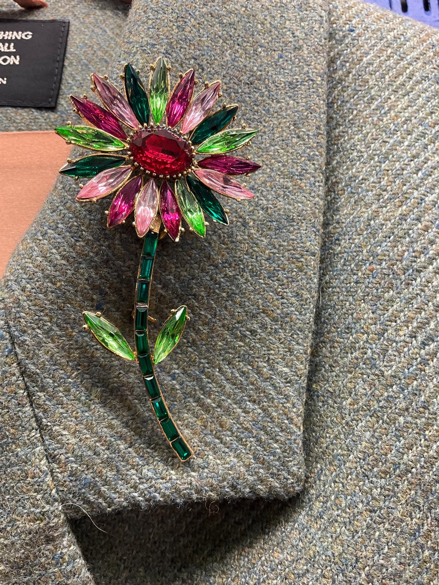 Vintage Butler and Wilson Large Crystal Gerberra Flower Brooch, Gold Tone with pink and Green faceted crystals, Signed in original box