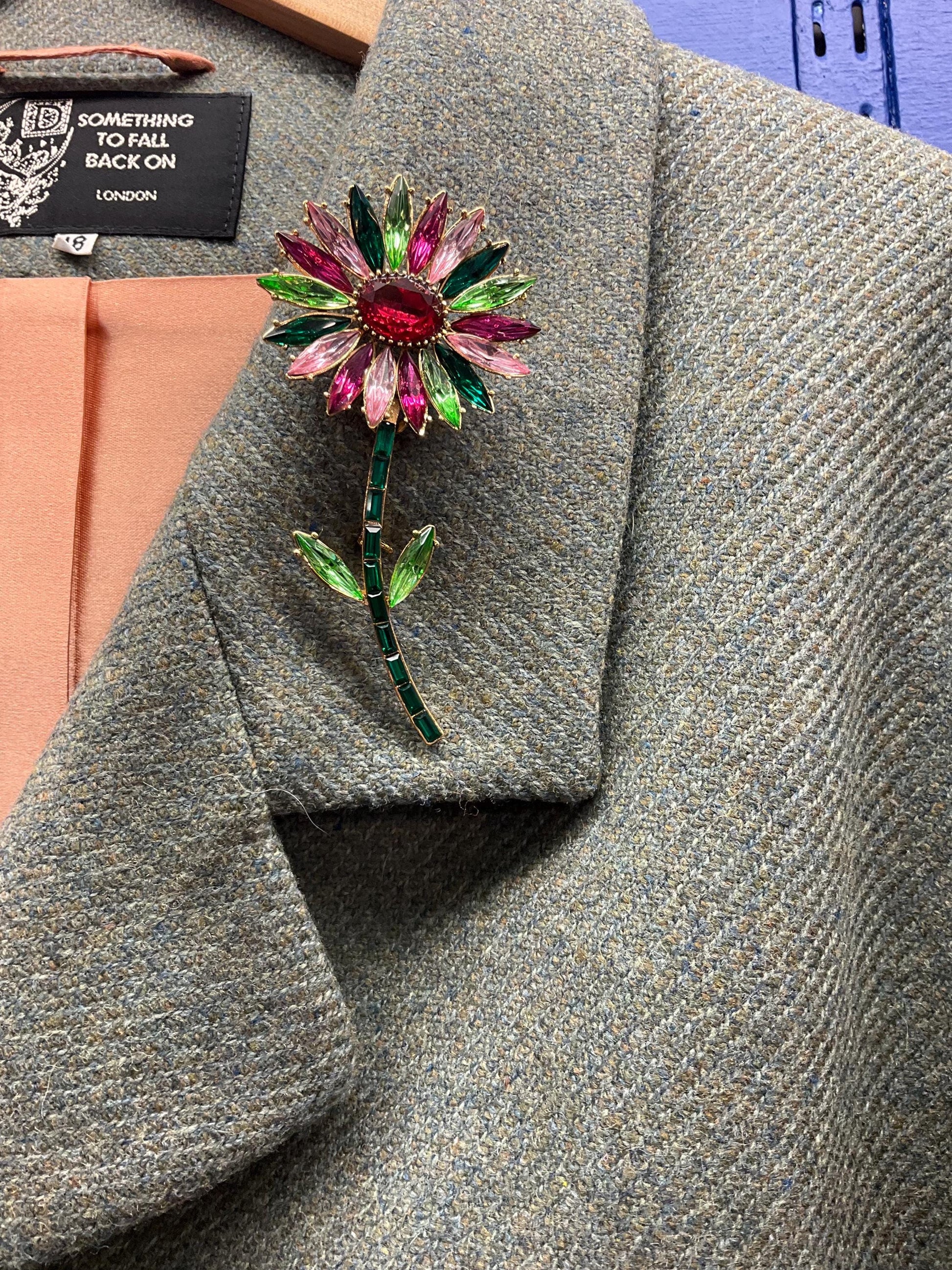 Vintage Butler and Wilson Large Crystal Gerberra Flower Brooch, Gold Tone with pink and Green faceted crystals, Signed in original box