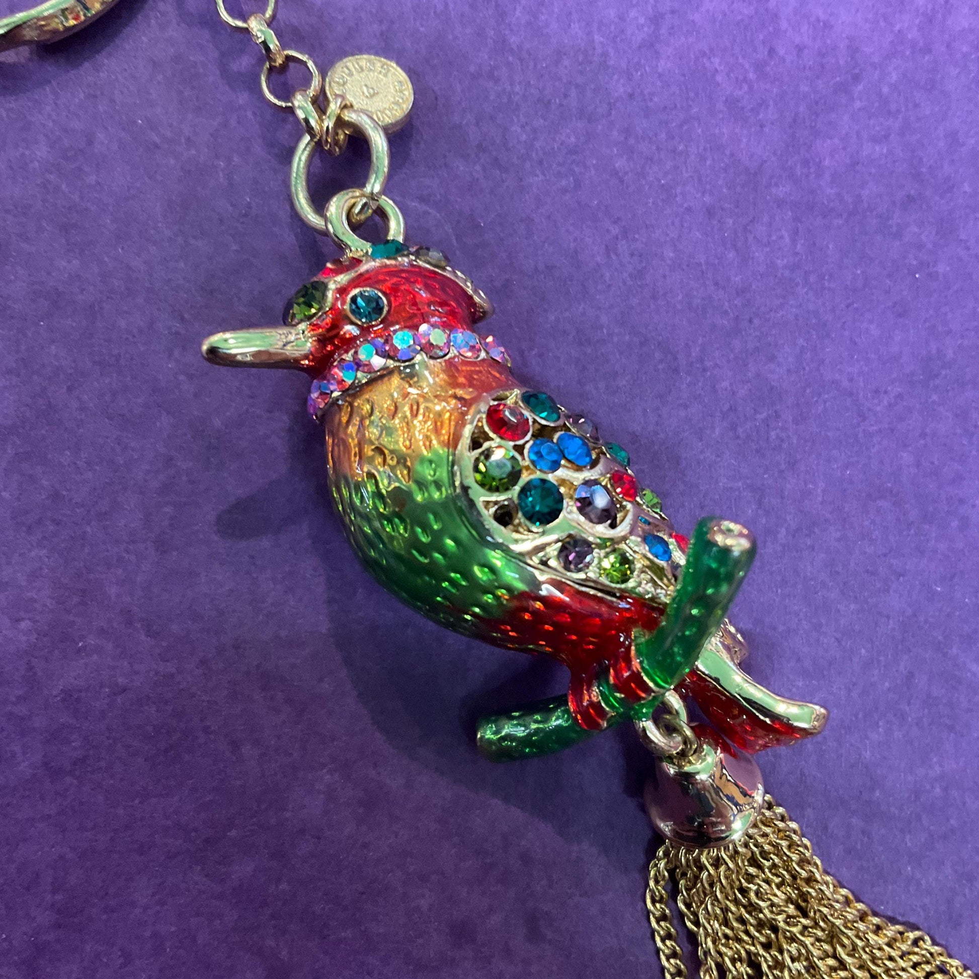 Vintage Butler and Wilson Rainbow Crystal Kingfisher Handbag Charm / Keychain, Gold tone with multicoloured enamel & Rhinestones