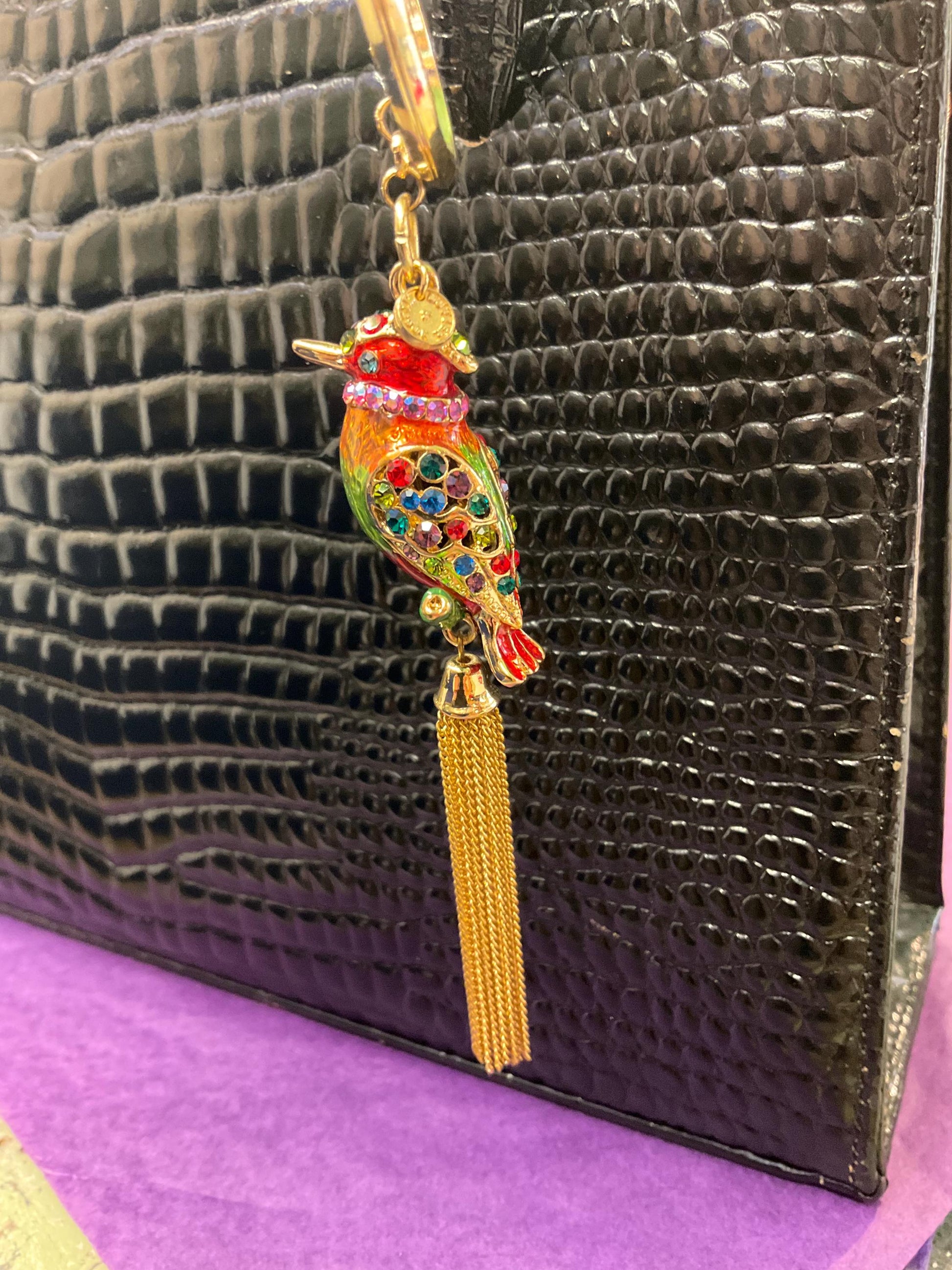 Vintage Butler and Wilson Rainbow Crystal Kingfisher Handbag Charm / Keychain, Gold tone with multicoloured enamel & Rhinestones