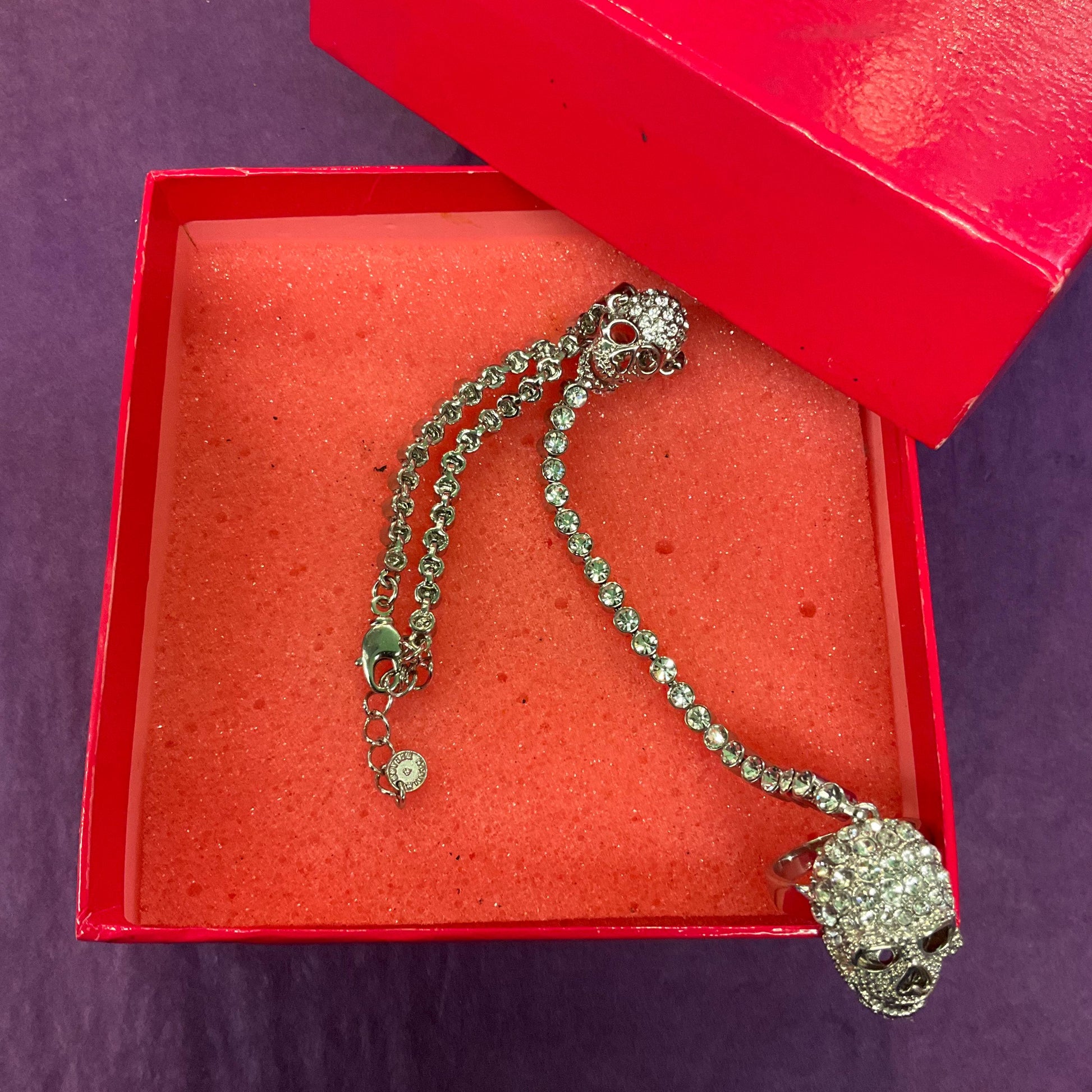 Vintage Butler and Wilson Silver Crystal Skull Ring Bracelet, Adjustable, Silver tone with Silver rhinestones, Gifts for goths