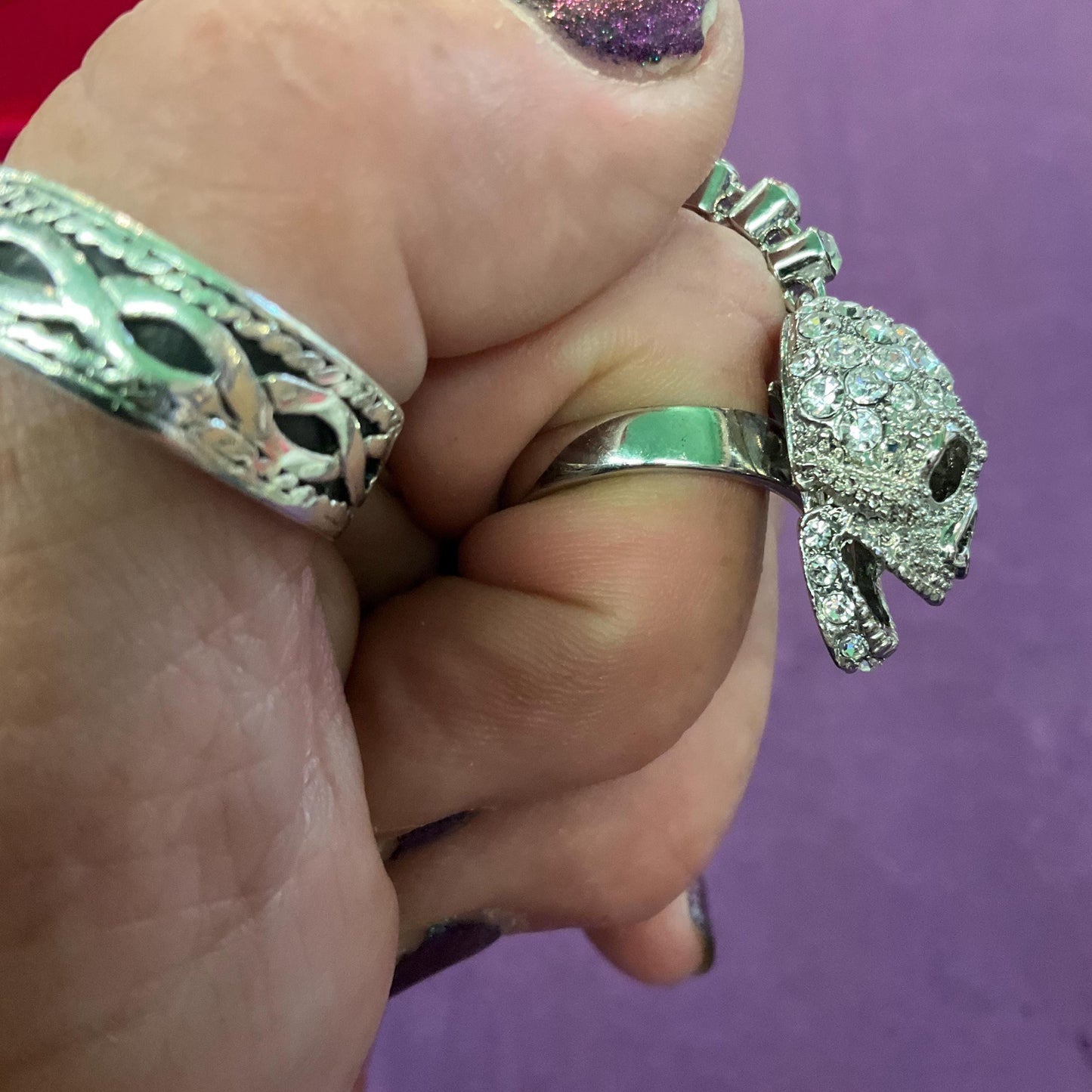 Vintage Butler and Wilson Silver Crystal Skull Ring Bracelet, Adjustable, Silver tone with Silver rhinestones, Gifts for goths