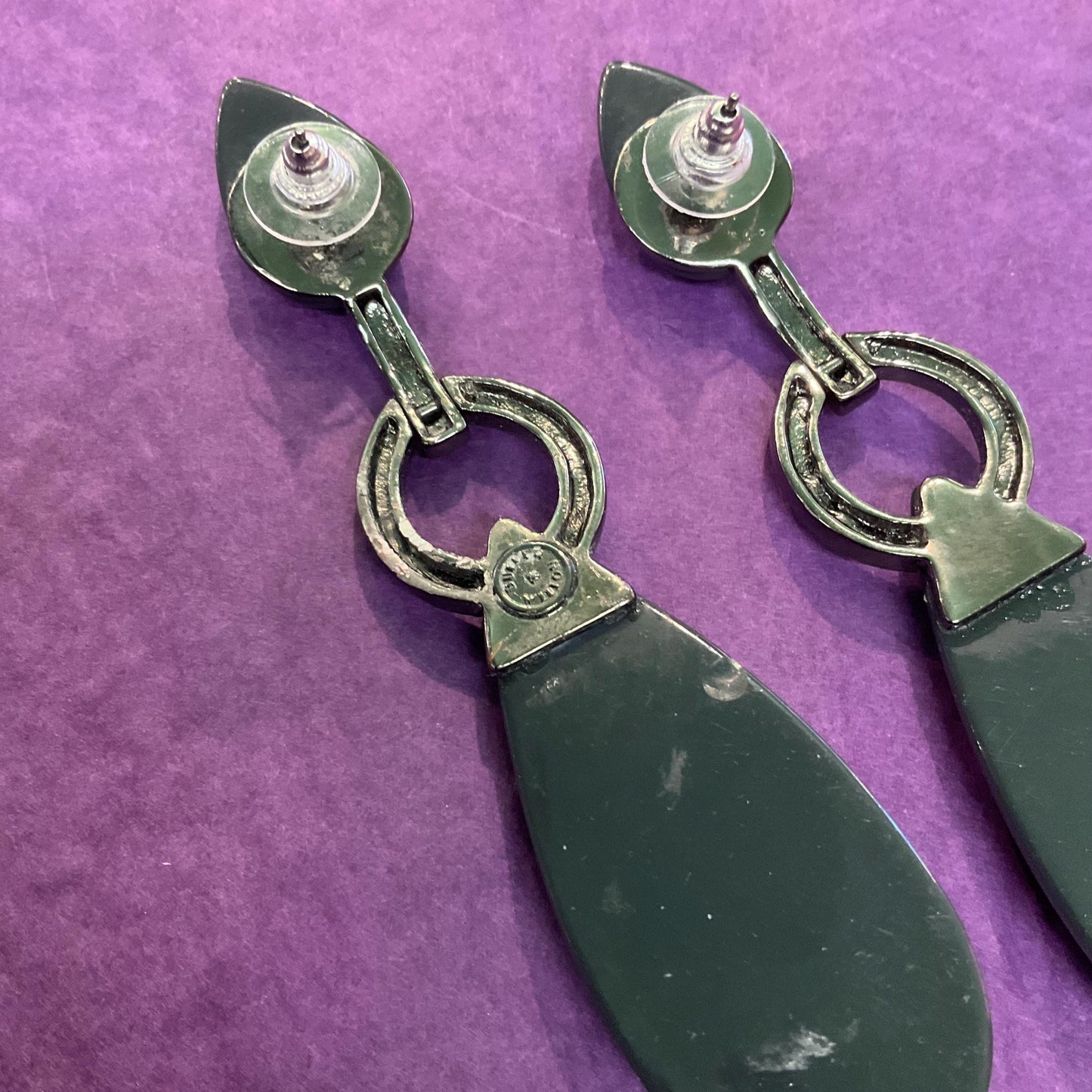 Vintage Butler and Wilson Art Deco Style Black Crystal Set Lond Drop Earrings, Dark Pewter tone with Black Cabuchons and Pewter Rhinestones