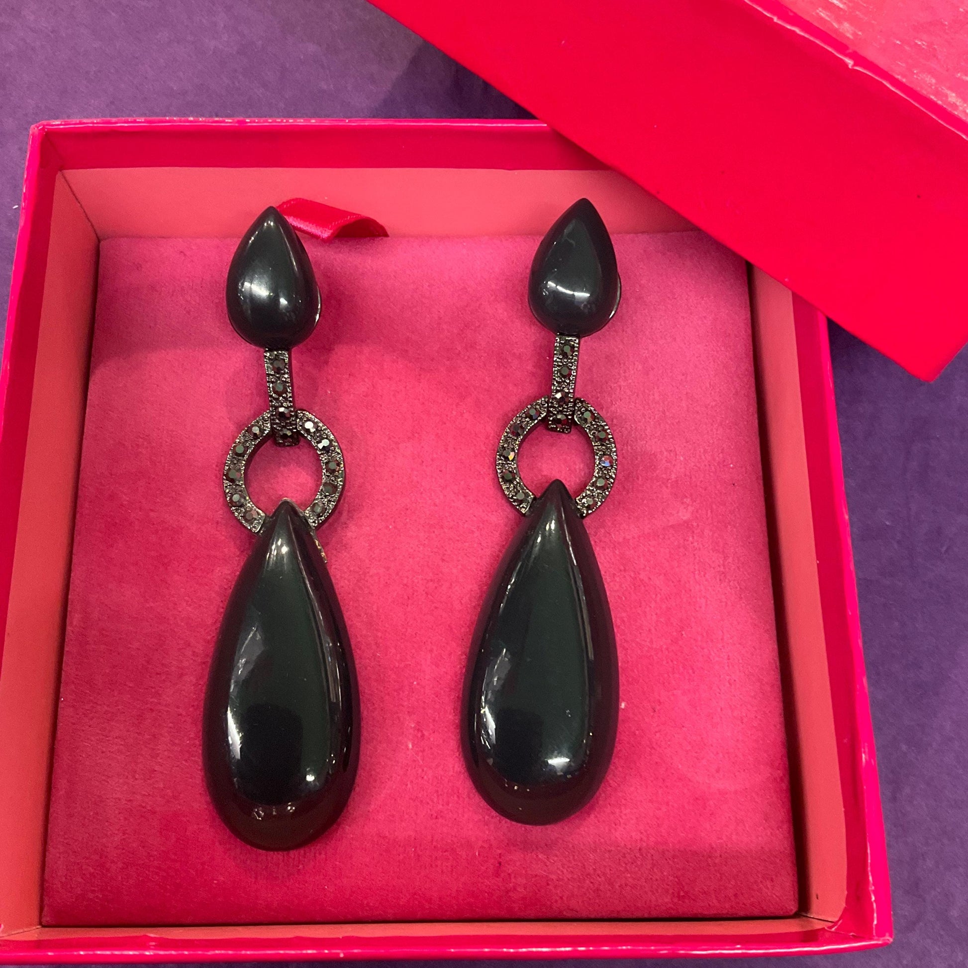 Vintage Butler and Wilson Art Deco Style Black Crystal Set Lond Drop Earrings, Dark Pewter tone with Black Cabuchons and Pewter Rhinestones