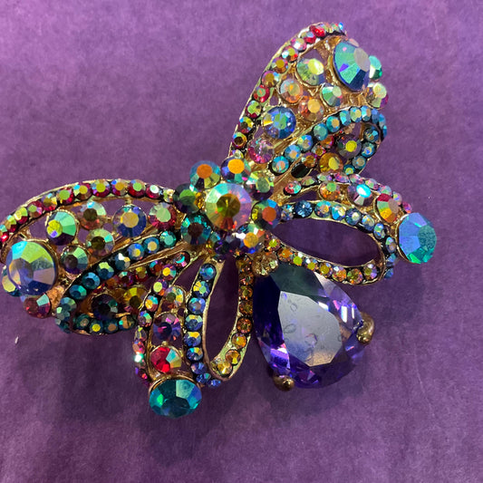 Vintage Butler and Wilson Rainbow Crystal Bow Barette Hair Clip, Gold Tone with Multicoloured Borealis Rhinestones and Crystals