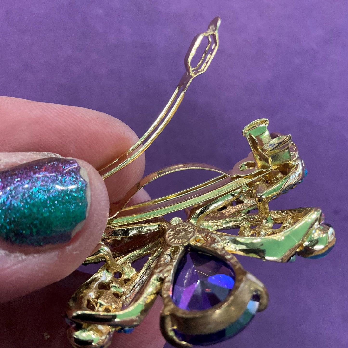 Vintage Butler and Wilson Rainbow Crystal Bow Barette Hair Clip, Gold Tone with Multicoloured Borealis Rhinestones and Crystals