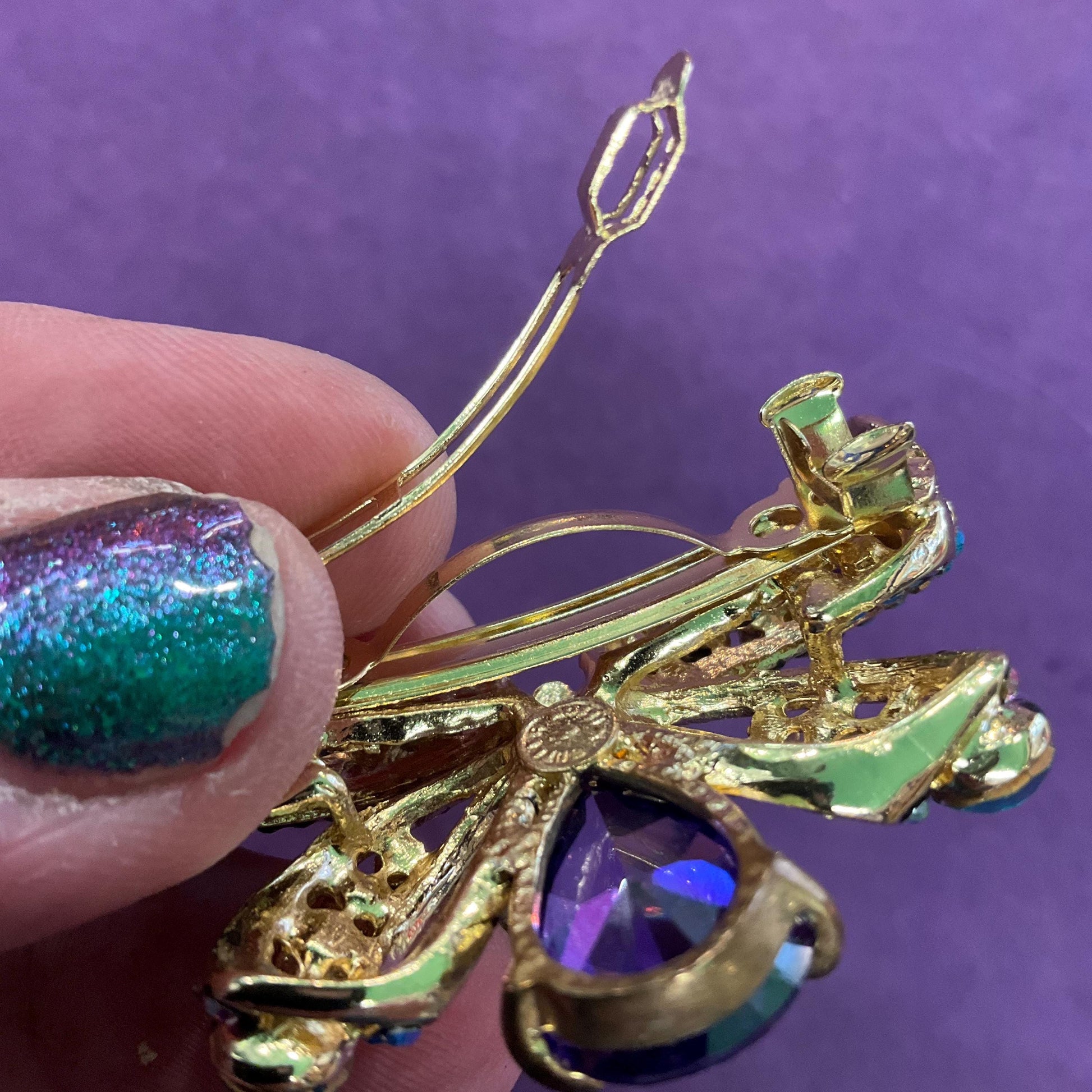 Vintage Butler and Wilson Rainbow Crystal Bow Barette Hair Clip, Gold Tone with Multicoloured Borealis Rhinestones and Crystals