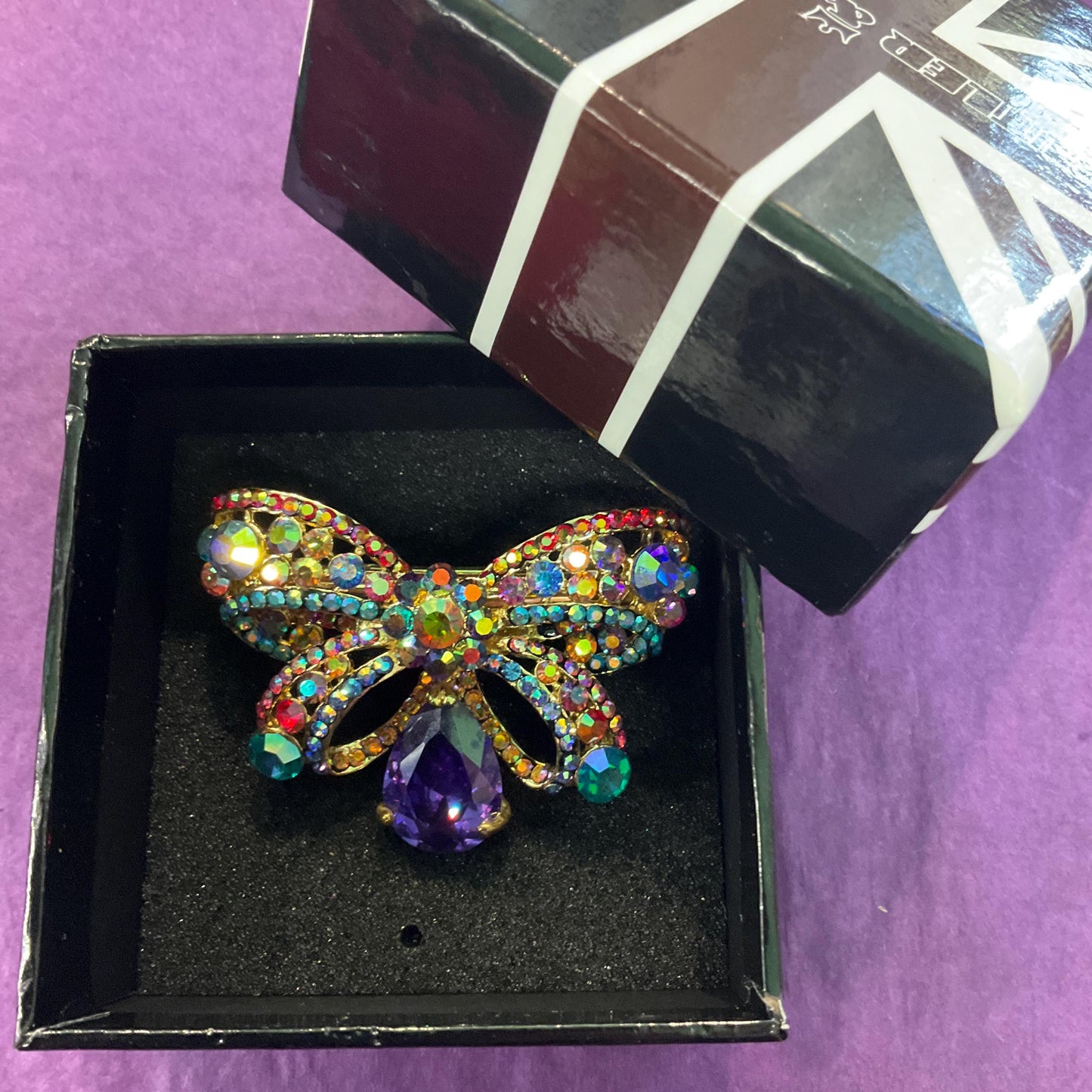 Vintage Butler and Wilson Rainbow Crystal Bow Panel Necklace, Gold Tone with Multicoloured Borealus Rhinestones and Crystals