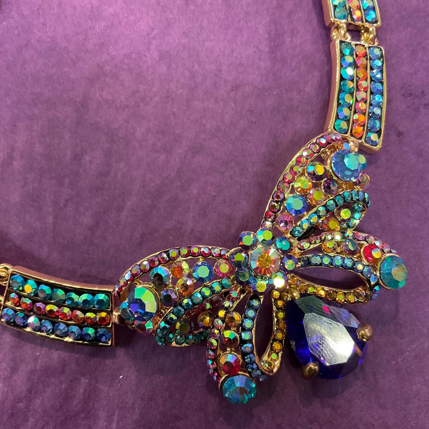 Vintage Butler and Wilson Rainbow Crystal Bow Panel Necklace, Gold Tone with Multicoloured Borealus Rhinestones and Crystals