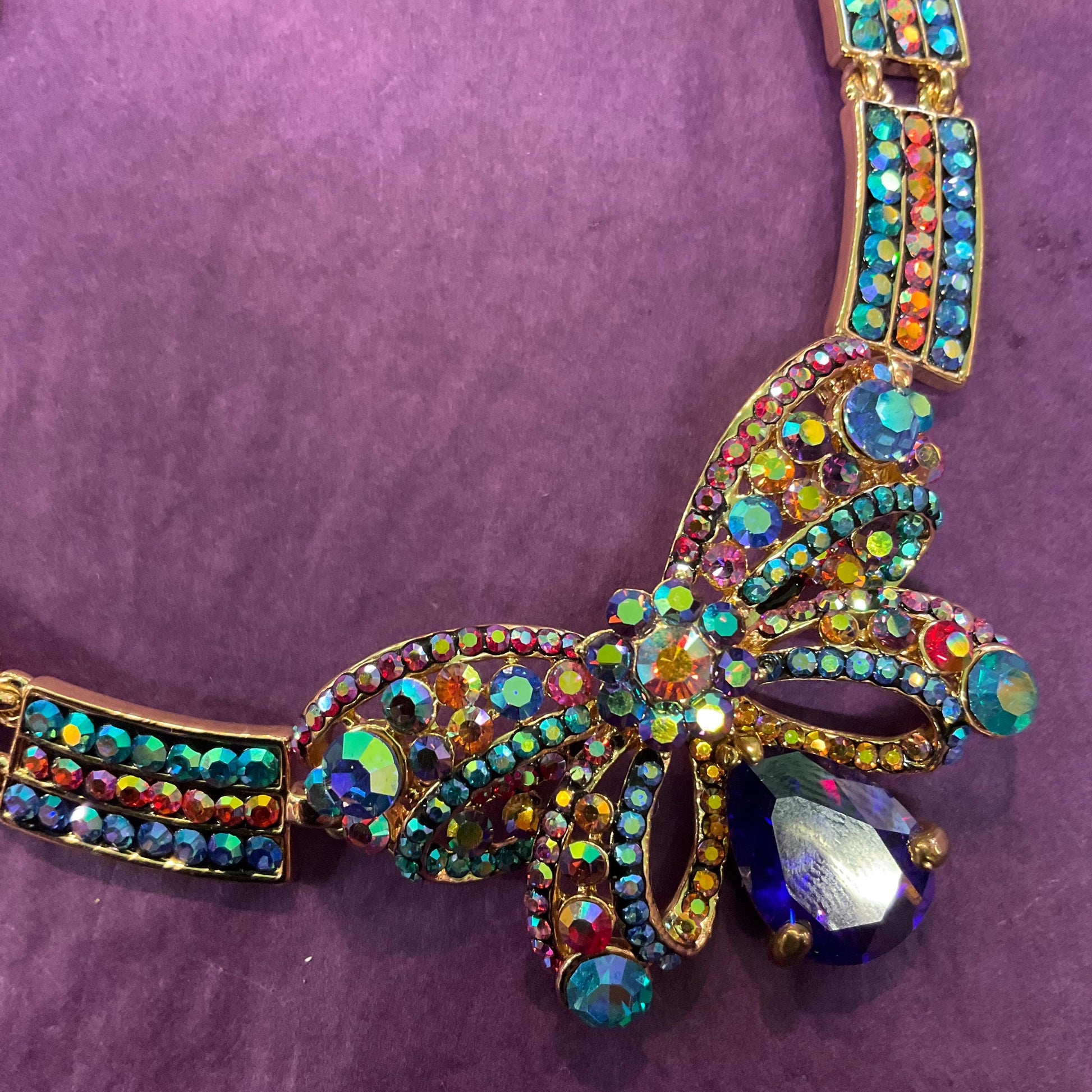 Vintage Butler and Wilson Rainbow Crystal Bow Panel Necklace, Gold Tone with Multicoloured Borealus Rhinestones and Crystals