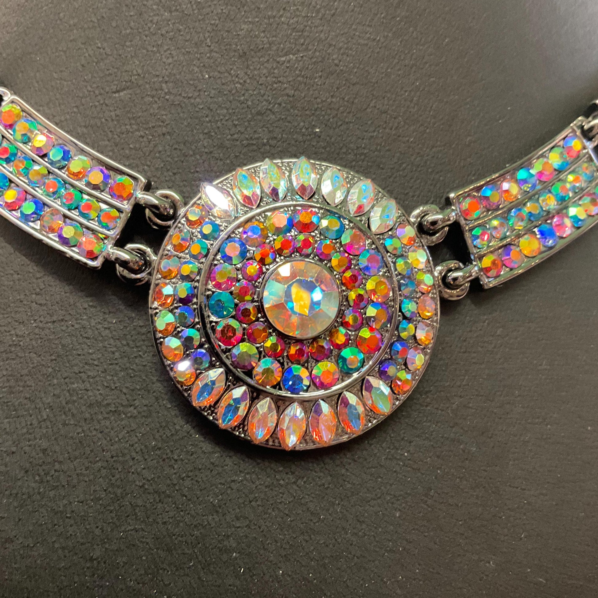 Vintage Butler and Wilson Rainbow Crystal Art Deco Style Panel Necklace, Pewter tone with multicoloured Borealis rhinestone and Crystal