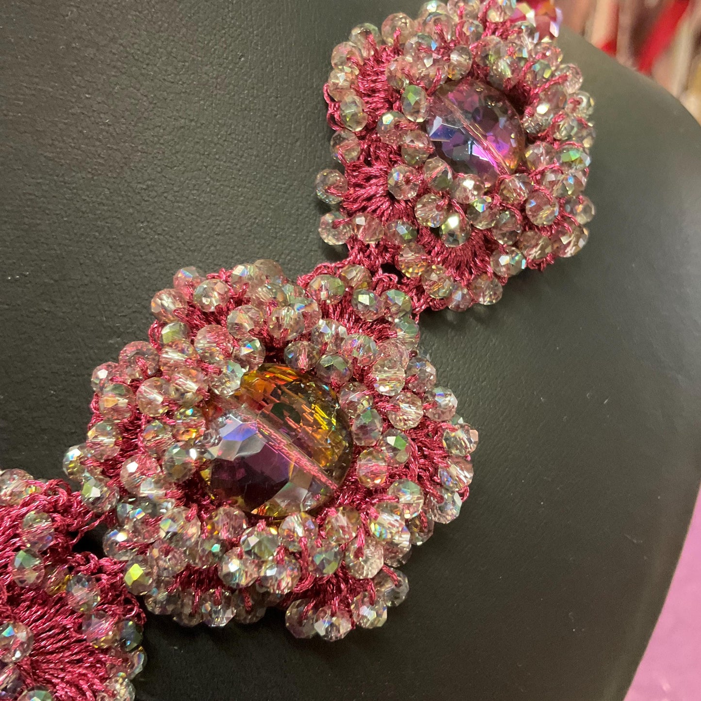 Vintage Butler and Wilson Bohemian Crystal Flower Necklace, pink crochet with Aurora Borealis Beads, Festival, Gifts for her