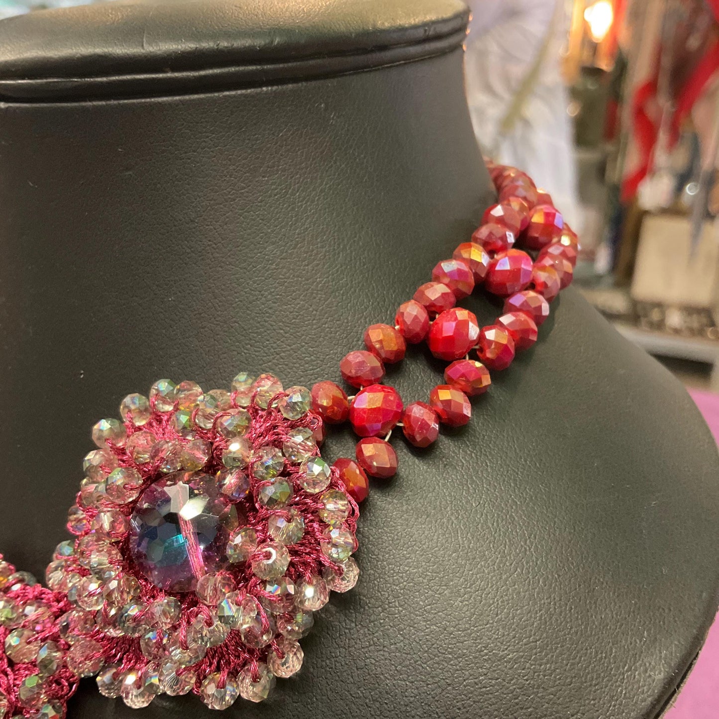 Vintage Butler and Wilson Bohemian Crystal Flower Necklace, pink crochet with Aurora Borealis Beads, Festival, Gifts for her