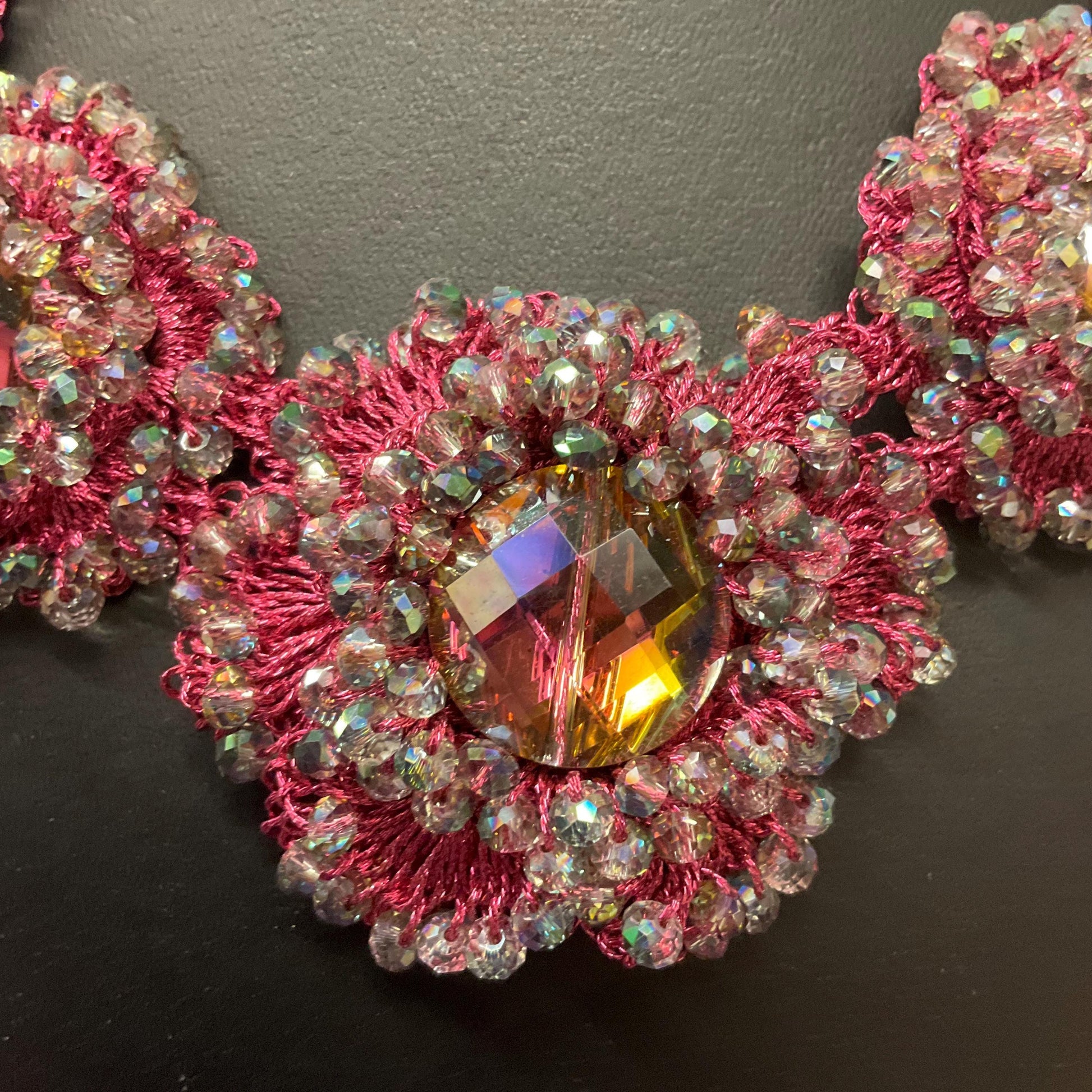 Vintage Butler and Wilson Bohemian Crystal Flower Necklace, pink crochet with Aurora Borealis Beads, Festival, Gifts for her