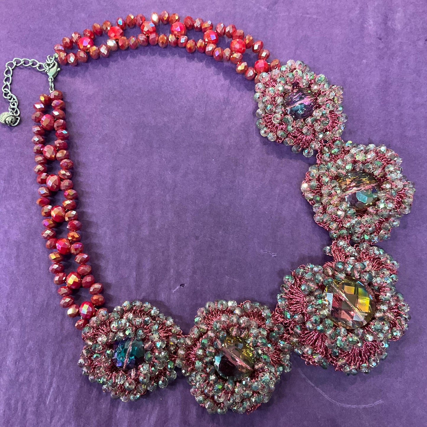 Vintage Butler and Wilson Bohemian Crystal Flower Necklace, pink crochet with Aurora Borealis Beads, Festival, Gifts for her