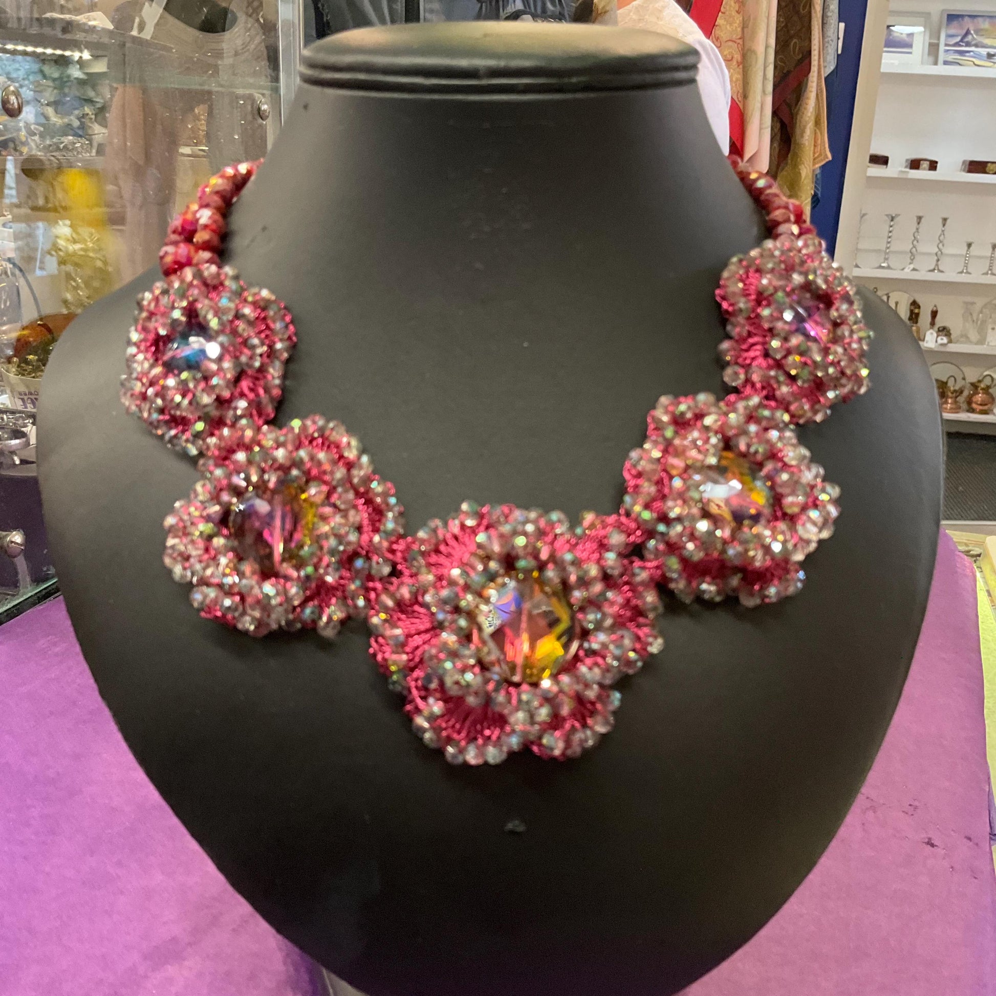Vintage Butler and Wilson Bohemian Crystal Flower Necklace, pink crochet with Aurora Borealis Beads, Festival, Gifts for her