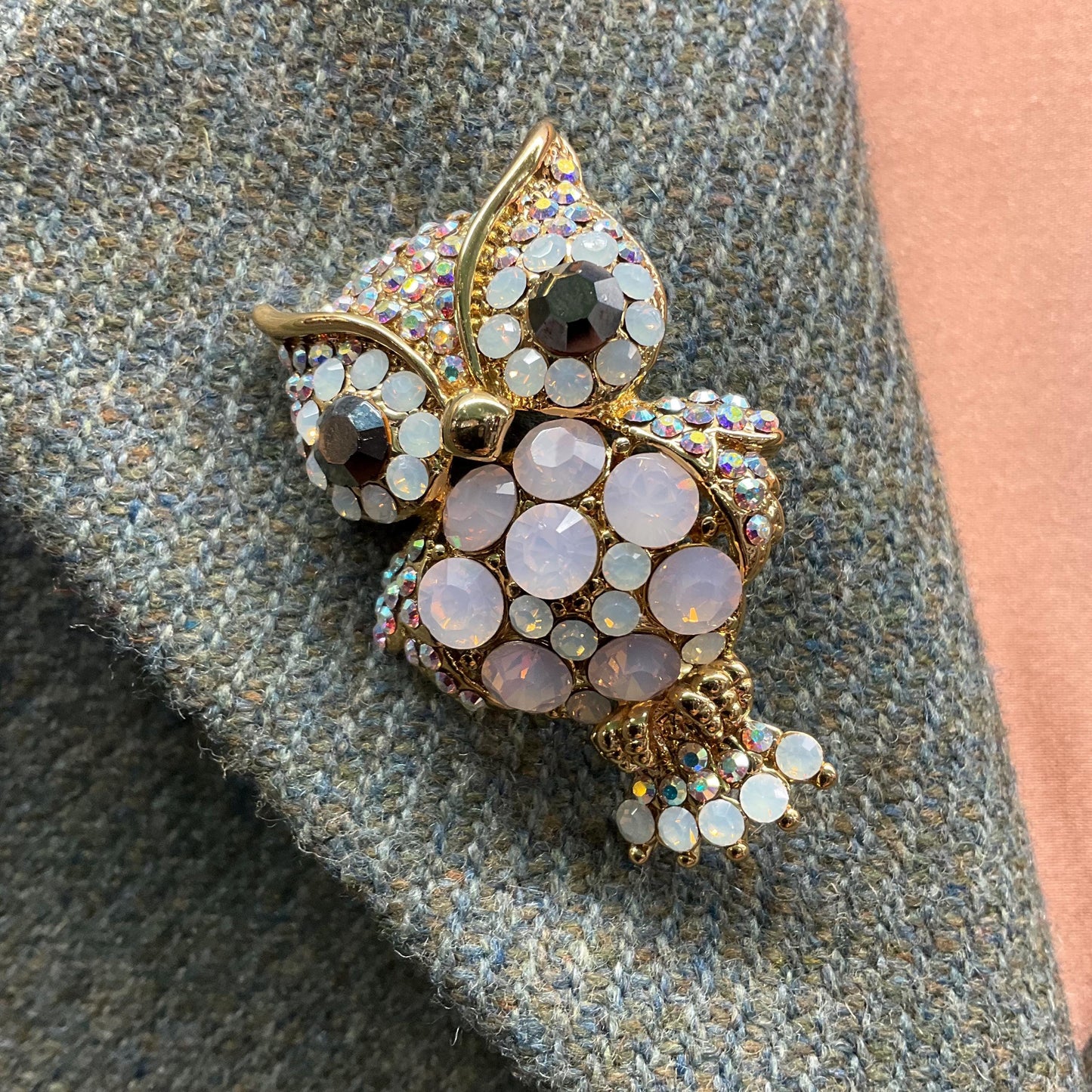 Vintage Butler and Wilson Large Crystal Owl Brooch, Gold tone with Opalite Crystals and Borealis Rhinestones, Owl lover gift