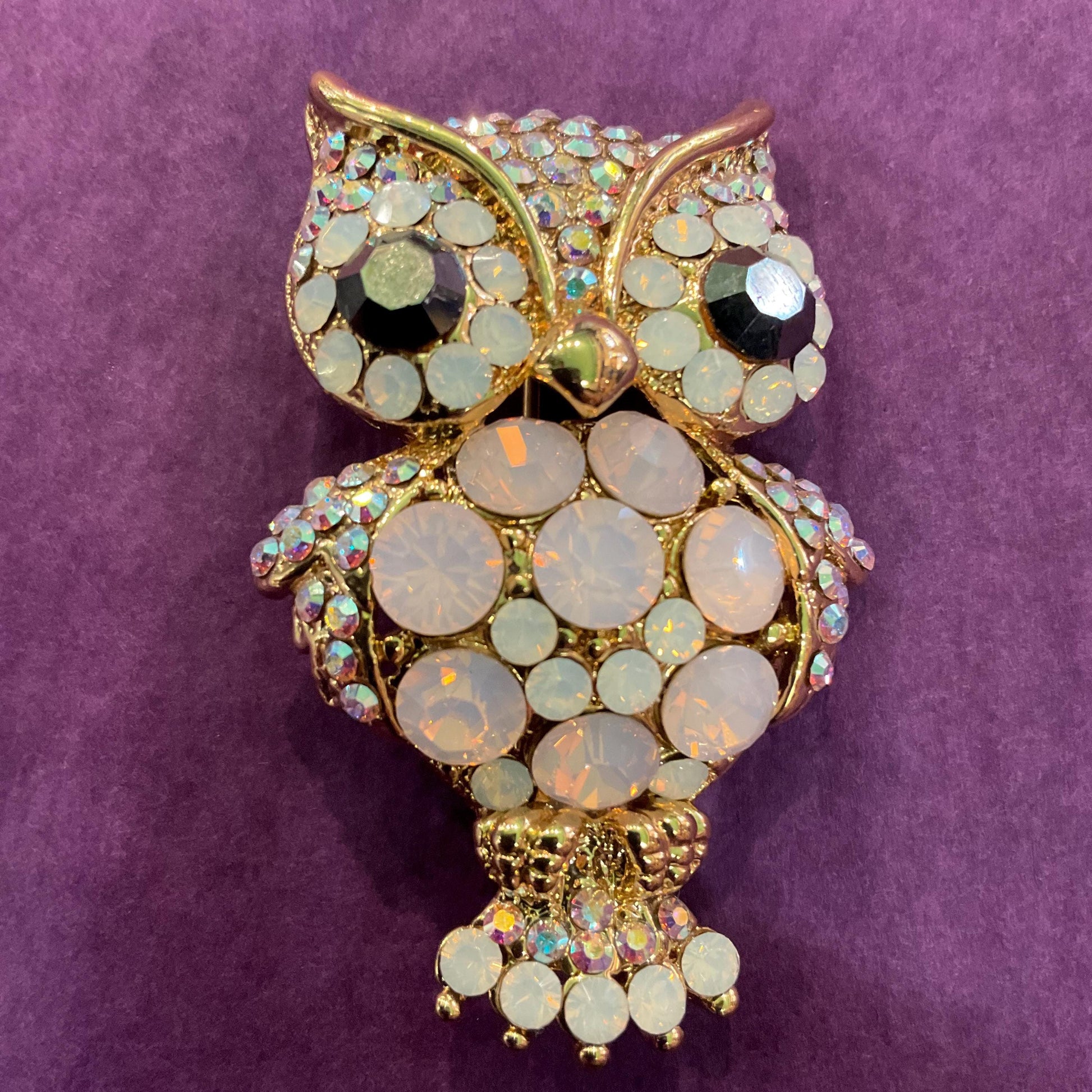 Vintage Butler and Wilson Large Crystal Owl Brooch, Gold tone with Opalite Crystals and Borealis Rhinestones, Owl lover gift