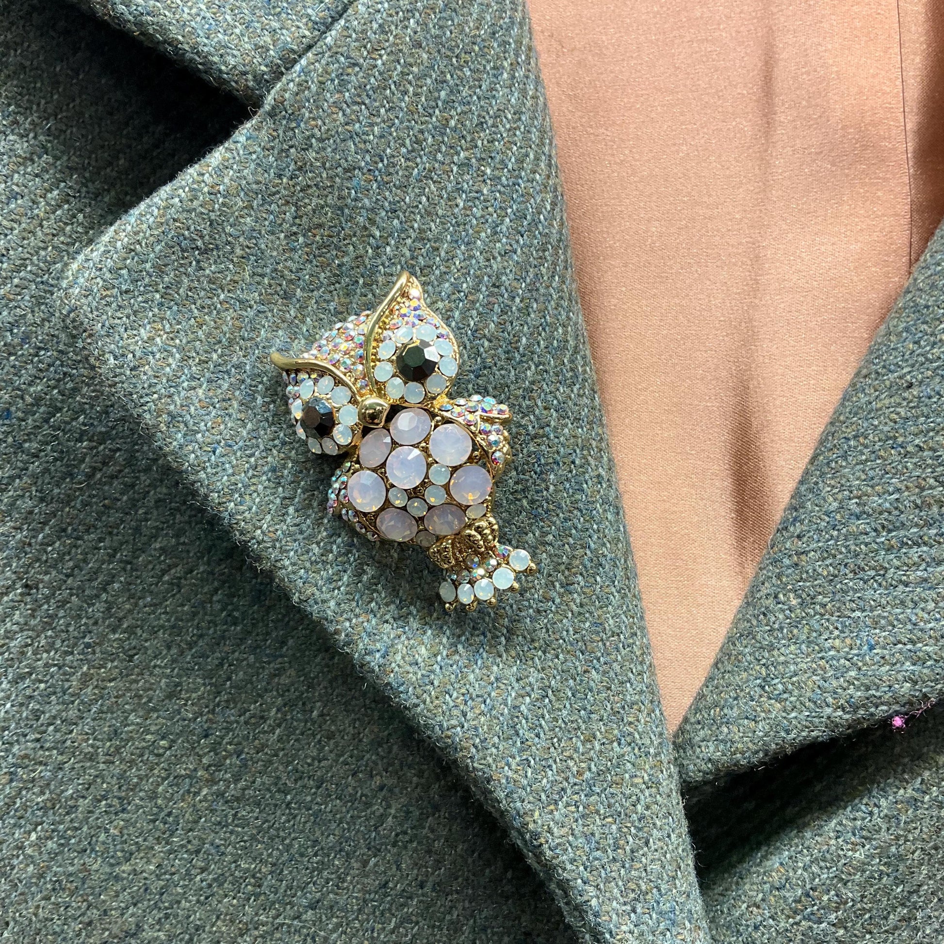 Vintage Butler and Wilson Large Crystal Owl Brooch, Gold tone with Opalite Crystals and Borealis Rhinestones, Owl lover gift