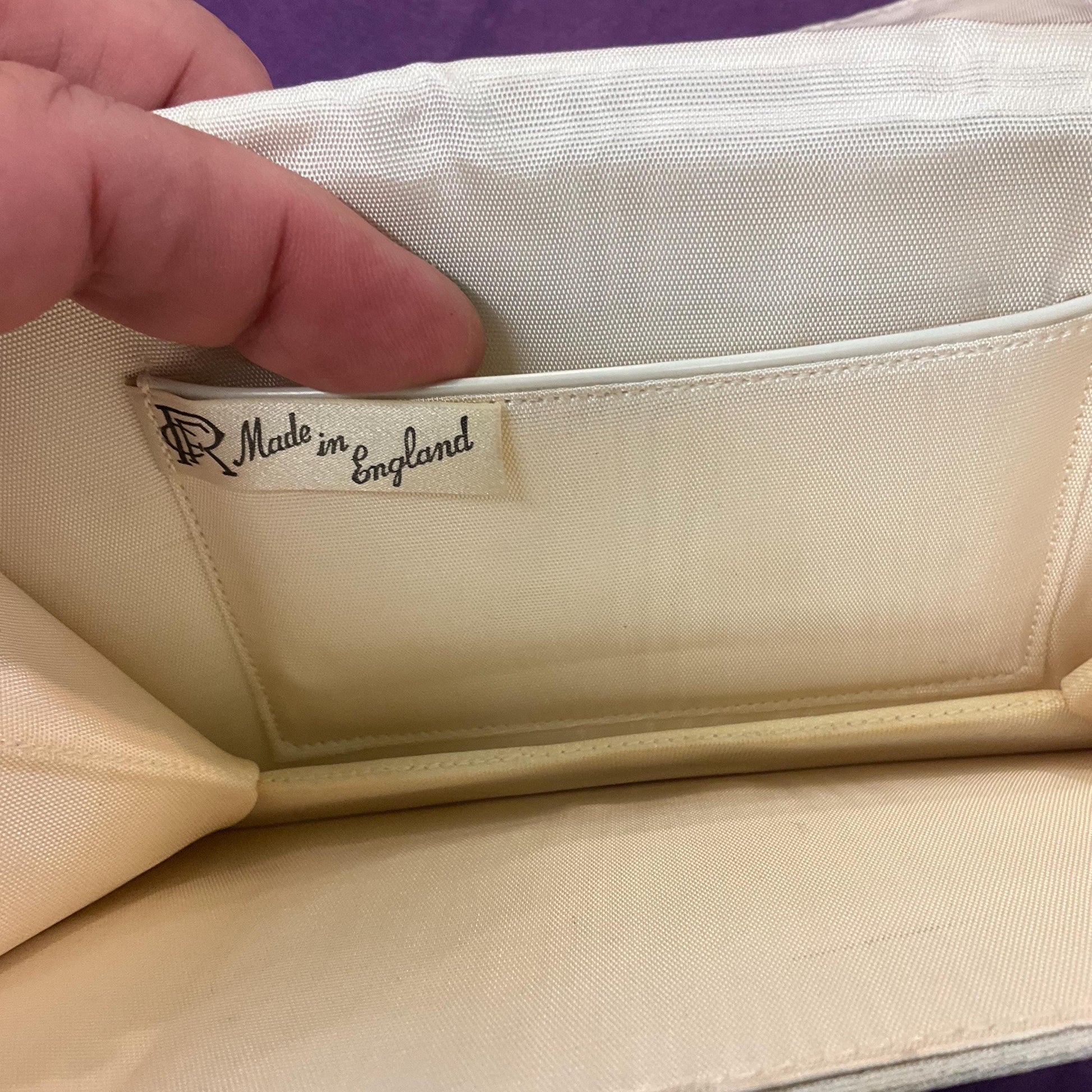 Vintage 1950s Ivory Crepe Silk Clutch Bag by CFR, finely pleated panel with silver rhinestone crystal trim, vintage wedding