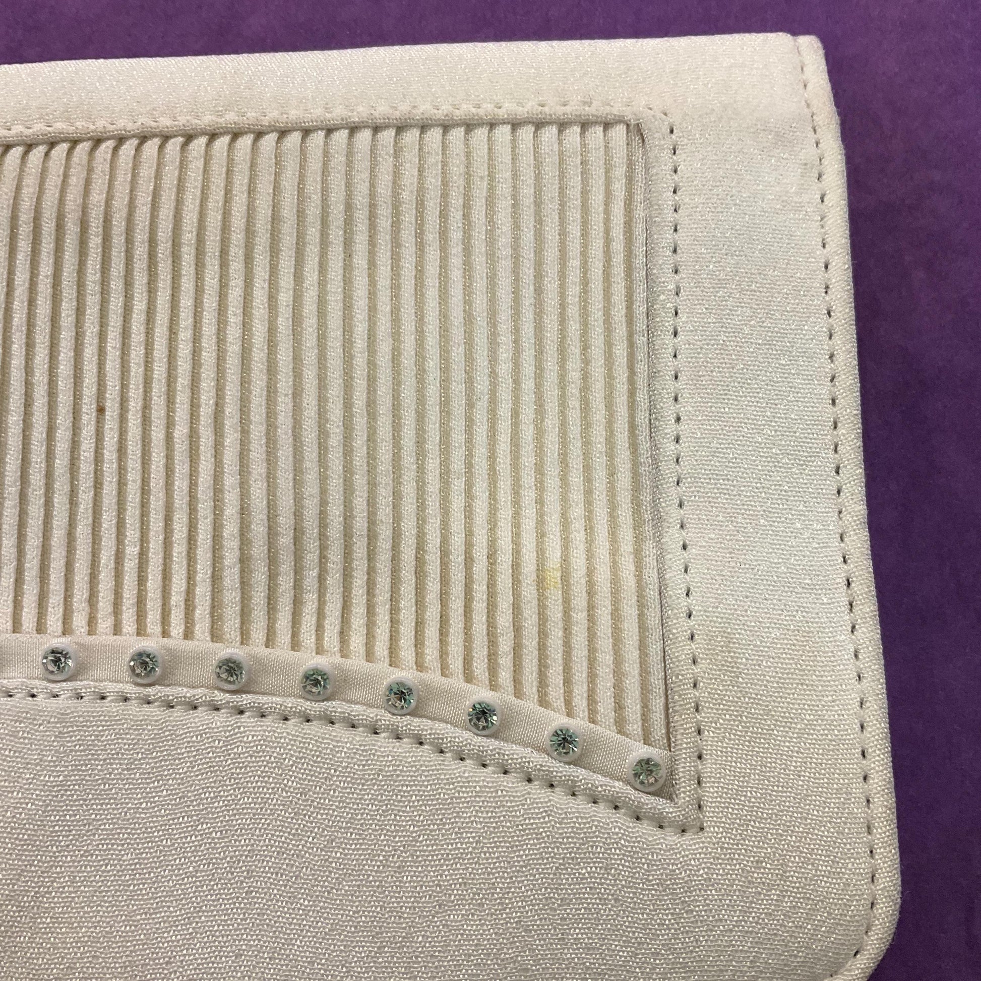 Vintage 1950s Ivory Crepe Silk Clutch Bag by CFR, finely pleated panel with silver rhinestone crystal trim, vintage wedding