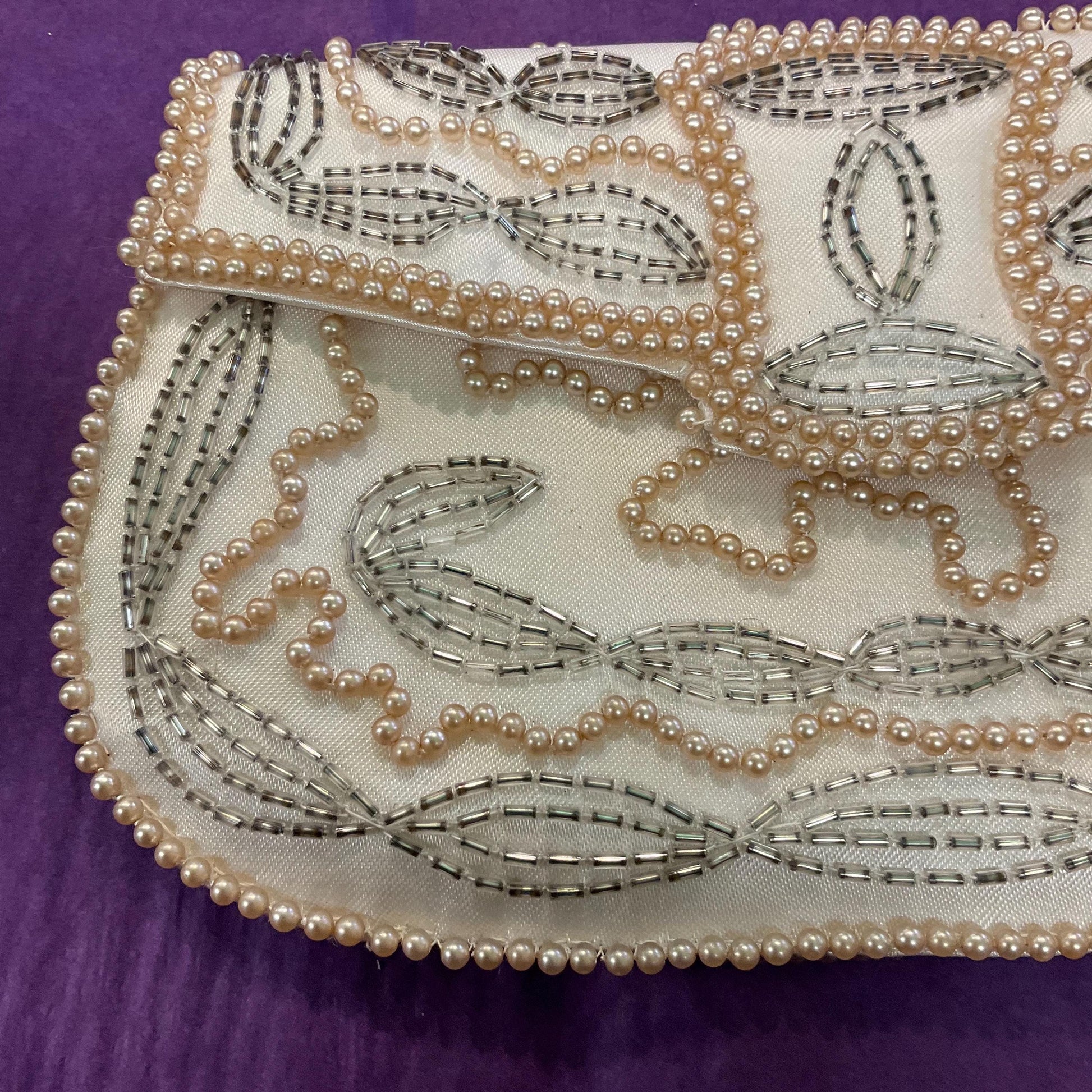 Vintage 1950s/60s Art Deco Style Ivory satin Beaded Clutch Bag, Faux Pearls and Pewter Bugle Beads, Formal Event