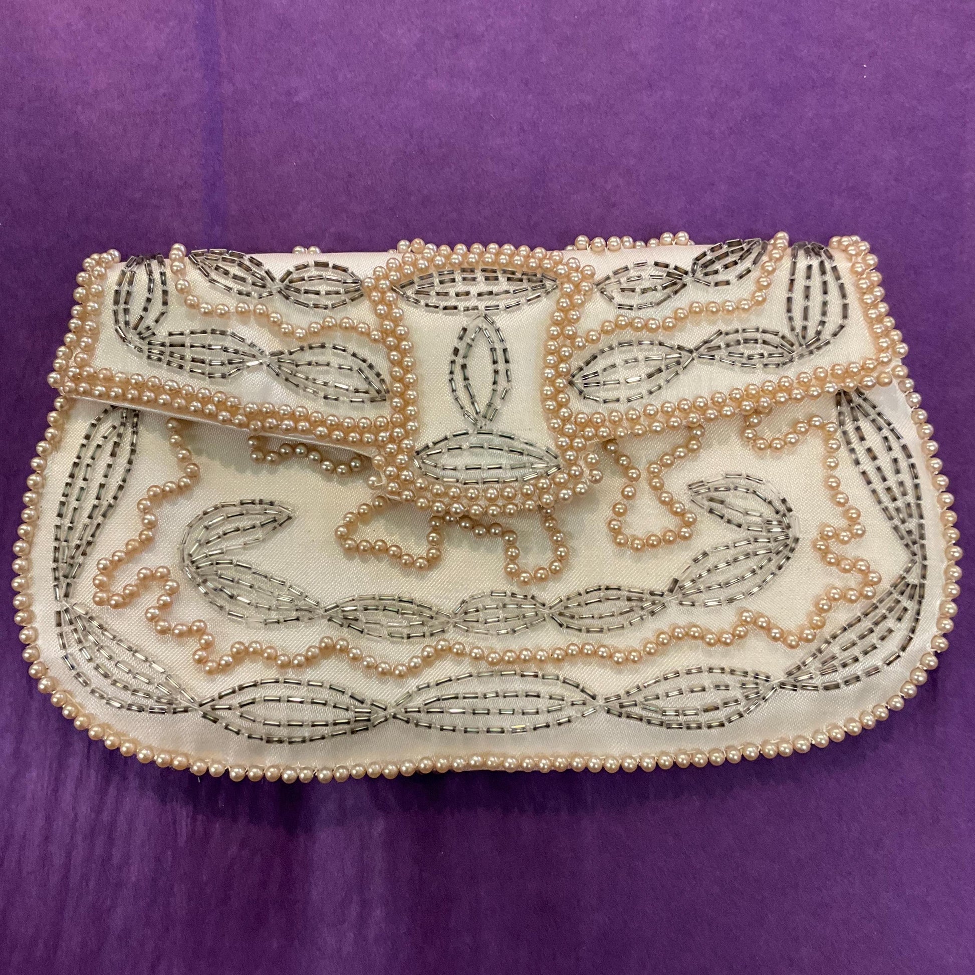 Vintage 1950s/60s Art Deco Style Ivory satin Beaded Clutch Bag, Faux Pearls and Pewter Bugle Beads, Formal Event