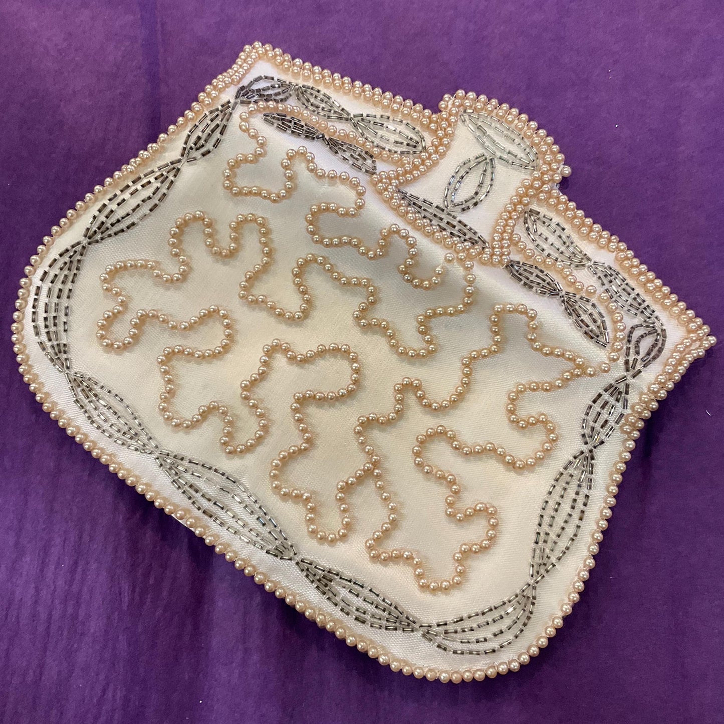 Vintage 1950s/60s Art Deco Style Ivory satin Beaded Clutch Bag, Faux Pearls and Pewter Bugle Beads, Formal Event