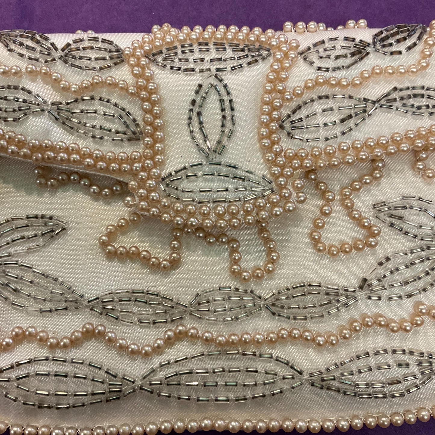 Vintage 1950s/60s Art Deco Style Ivory satin Beaded Clutch Bag, Faux Pearls and Pewter Bugle Beads, Formal Event