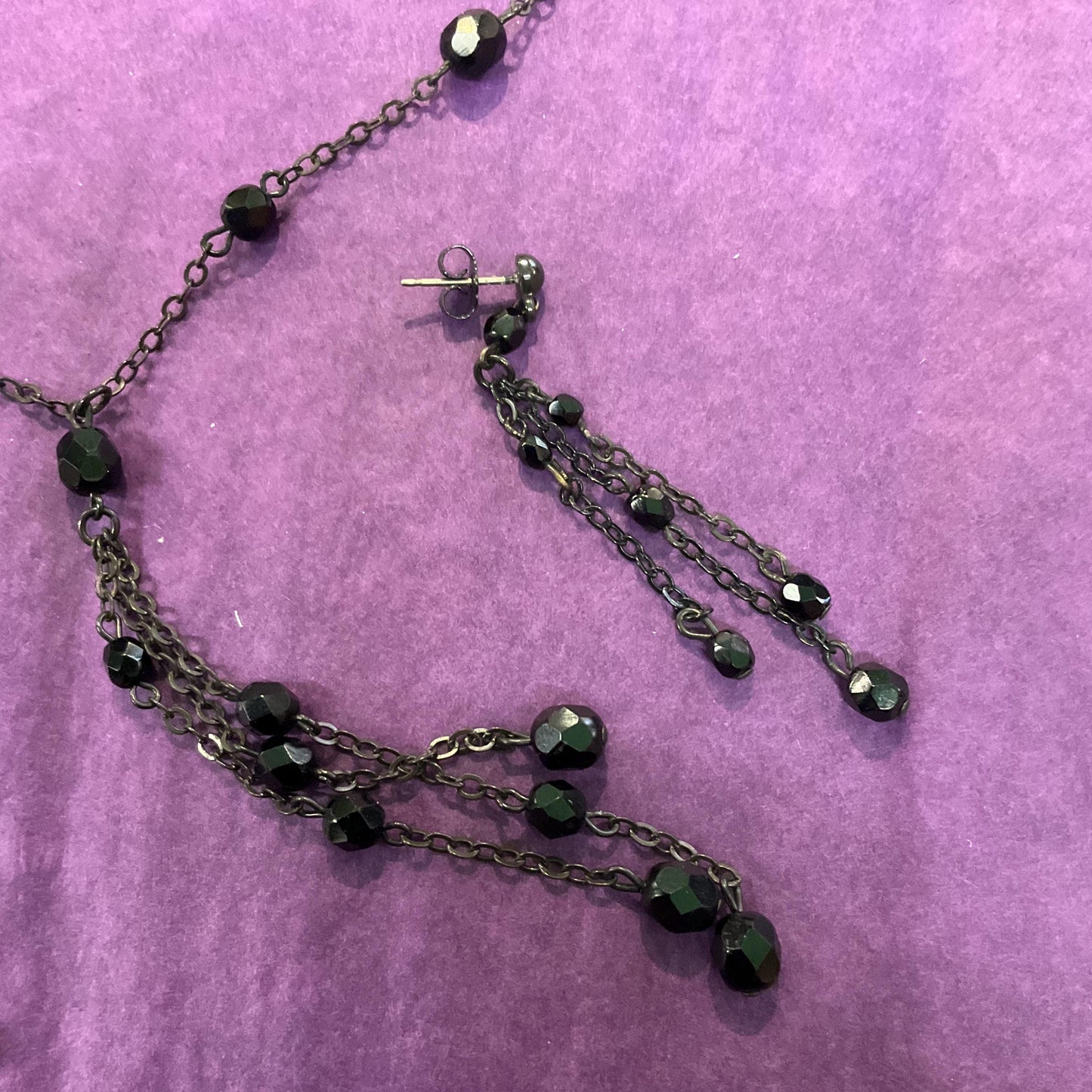 Vintage Butler and Wilson Black Crystal Gothic Necklace and Drop Earring Set , Dark Pewter tone with Black faceted crystals