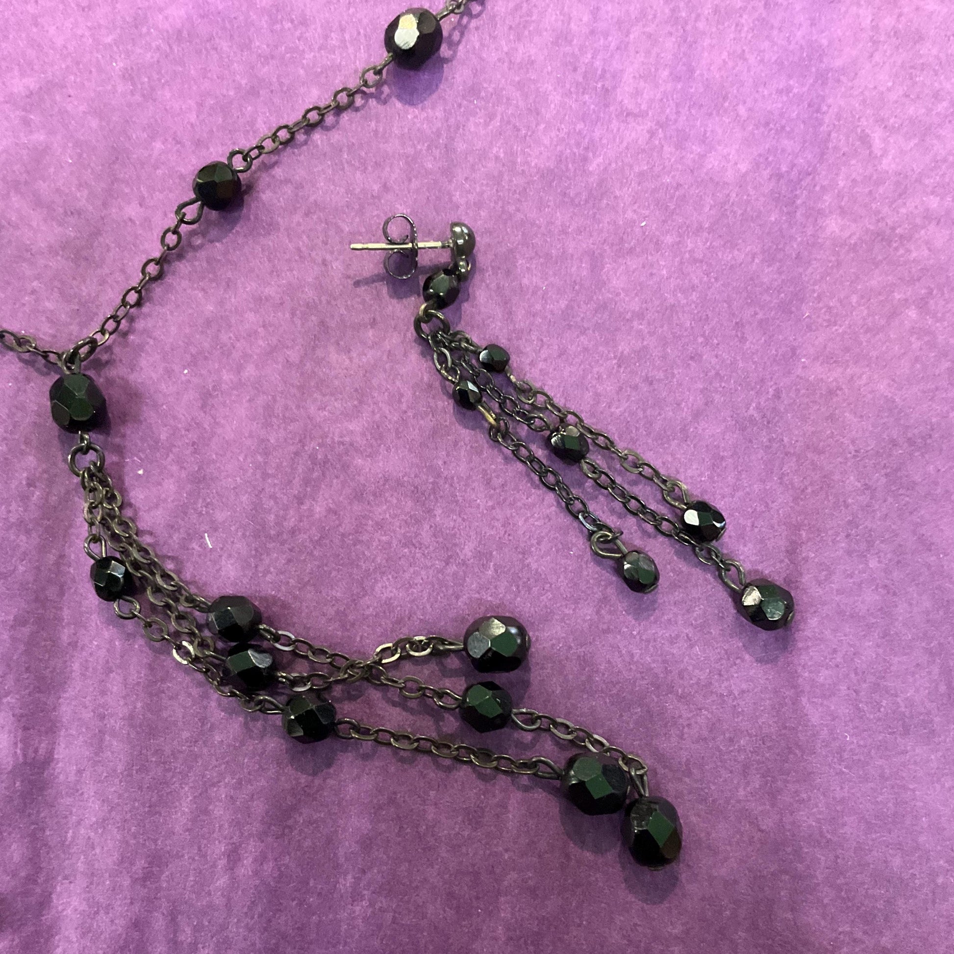 Vintage Butler and Wilson Black Crystal Gothic Necklace and Drop Earring Set , Dark Pewter tone with Black faceted crystals