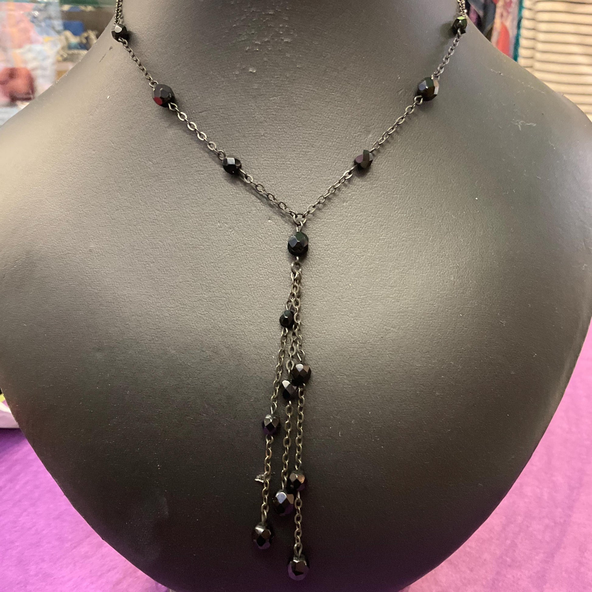 Vintage Butler and Wilson Black Crystal Gothic Necklace and Drop Earring Set , Dark Pewter tone with Black faceted crystals