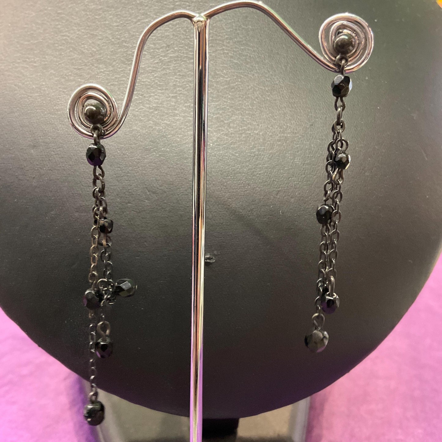 Vintage Butler and Wilson Black Crystal Gothic Necklace and Drop Earring Set , Dark Pewter tone with Black faceted crystals