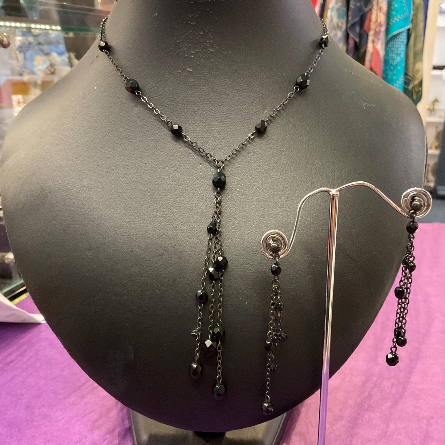 Vintage Butler and Wilson Black Crystal Gothic Necklace and Drop Earring Set , Dark Pewter tone with Black faceted crystals