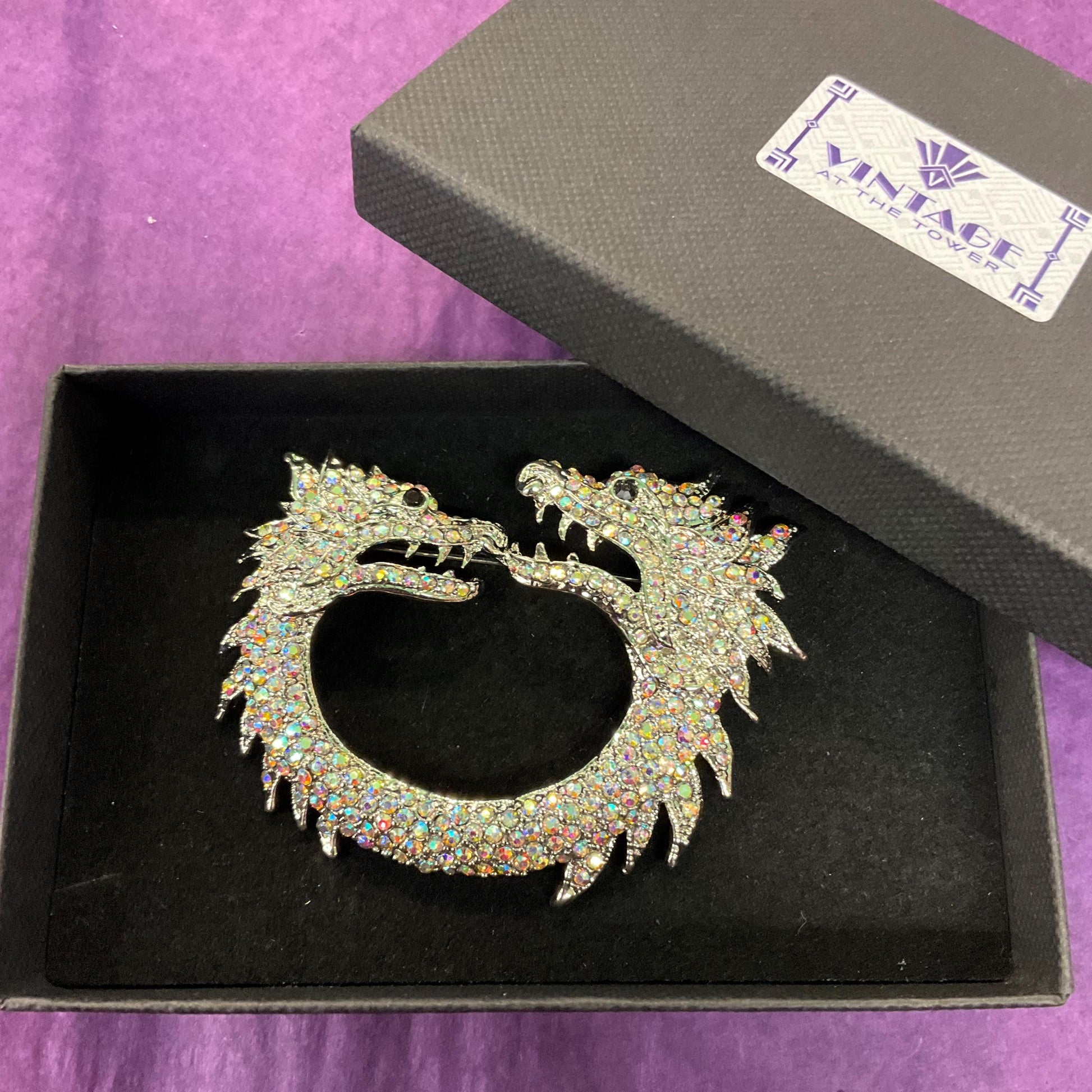 Vintage Statement Aurora Borealis Crystal Dragons Brooch, Silver tone with Rainbow rhinestones, Sustainable Gift