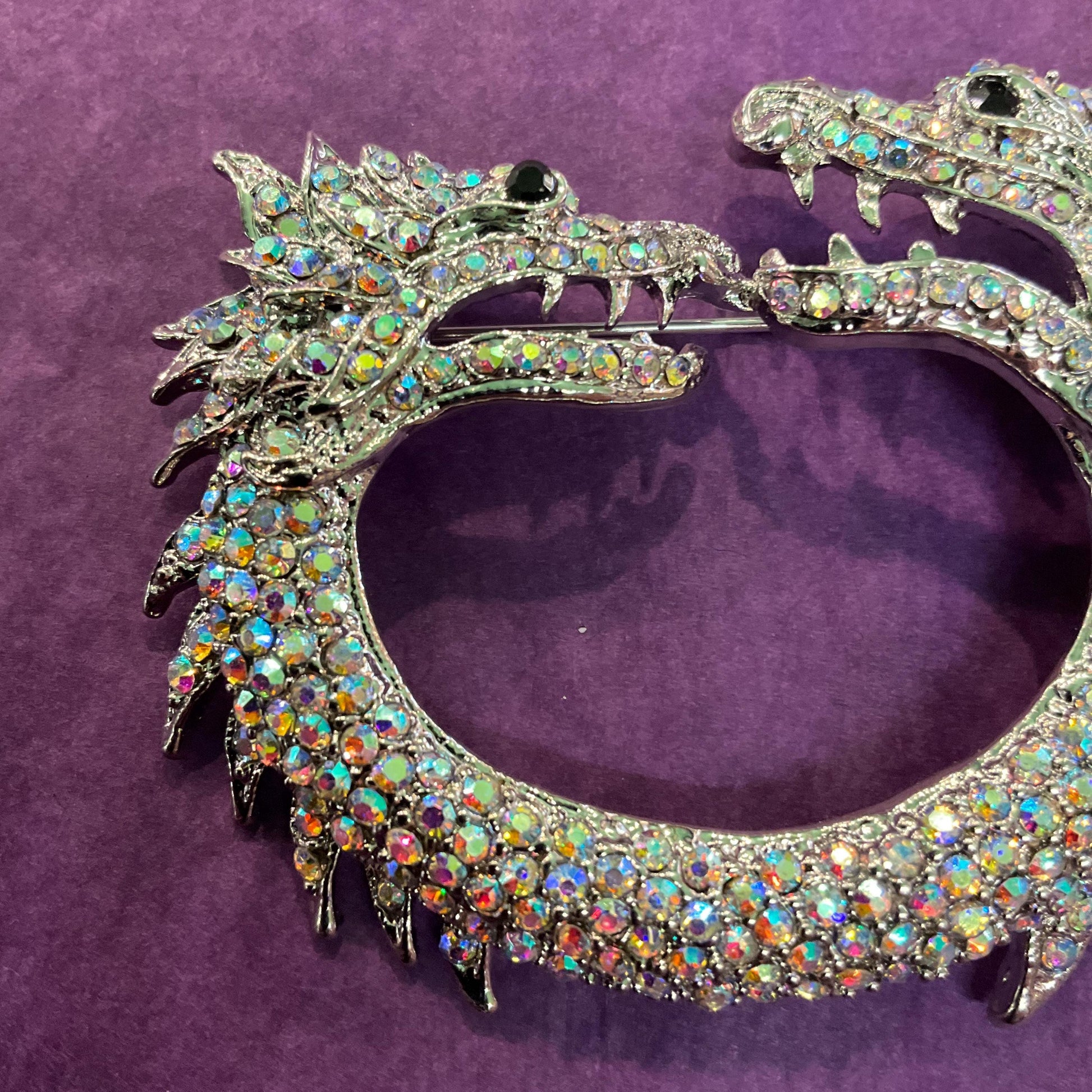 Vintage Statement Aurora Borealis Crystal Dragons Brooch, Silver tone with Rainbow rhinestones, Sustainable Gift