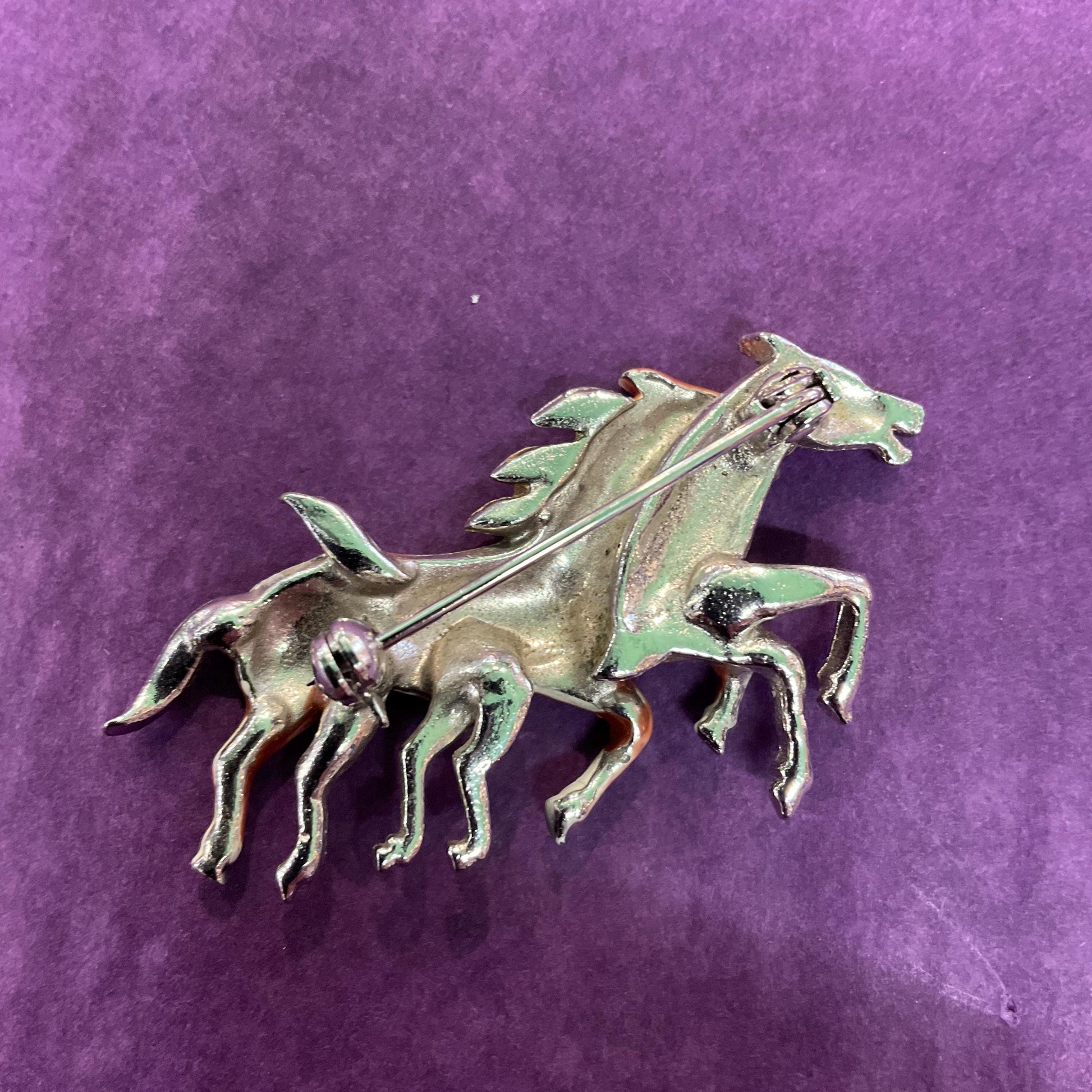 Vintage 1940s Bohemian Racing Horses Marcasite Brooch, Silver tone with hand painted enamel and gemstones