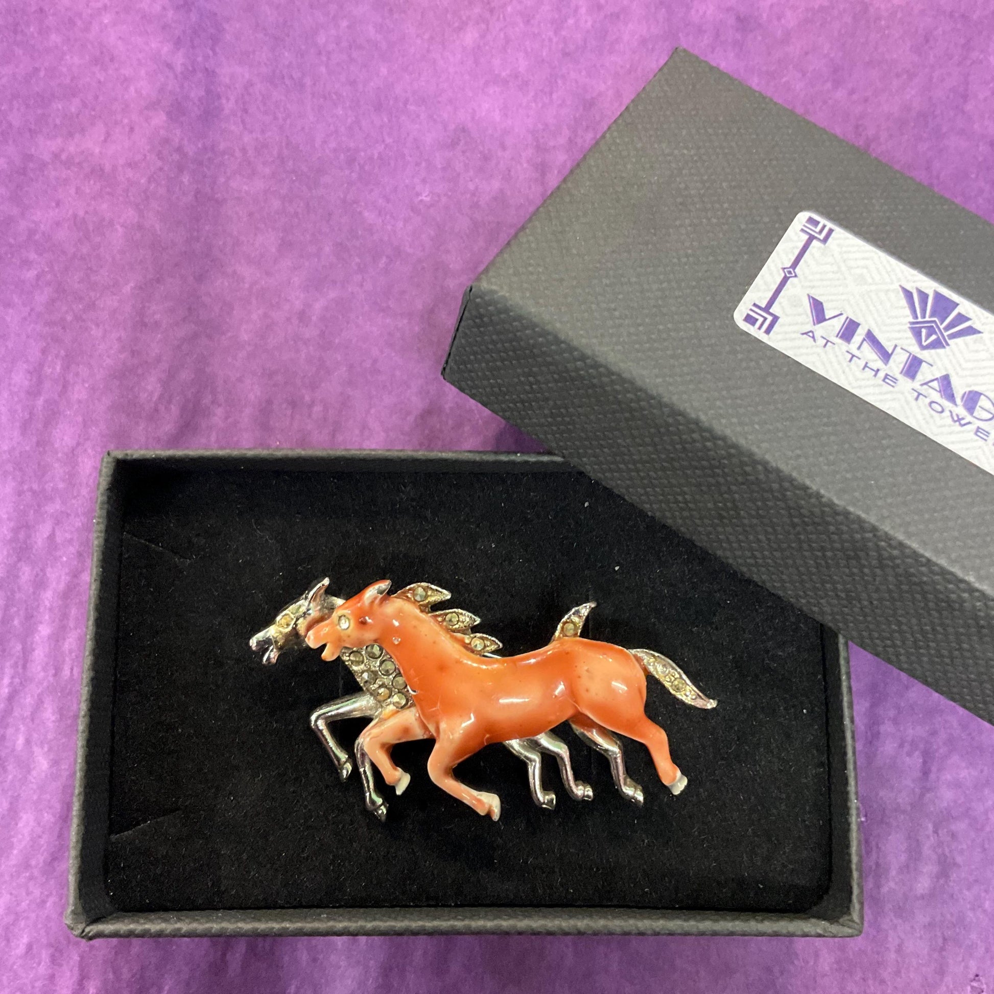 Vintage 1940s Bohemian Racing Horses Marcasite Brooch, Silver tone with hand painted enamel and gemstones