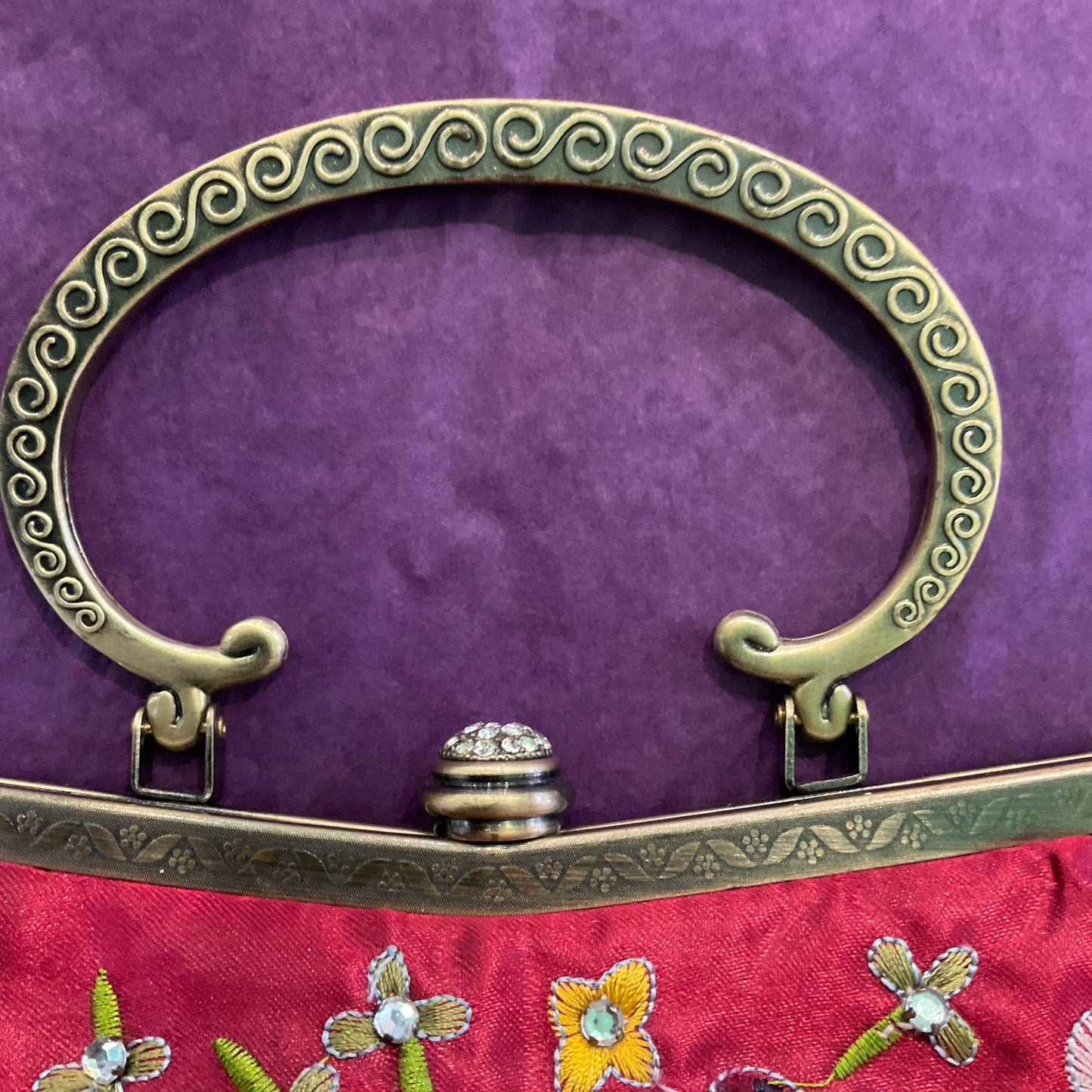 Vintage Butler and Wilson Embroidered and Beaded Satin Evening Bag, Deep Rose Pink, Abstract florals with silver crystal trim