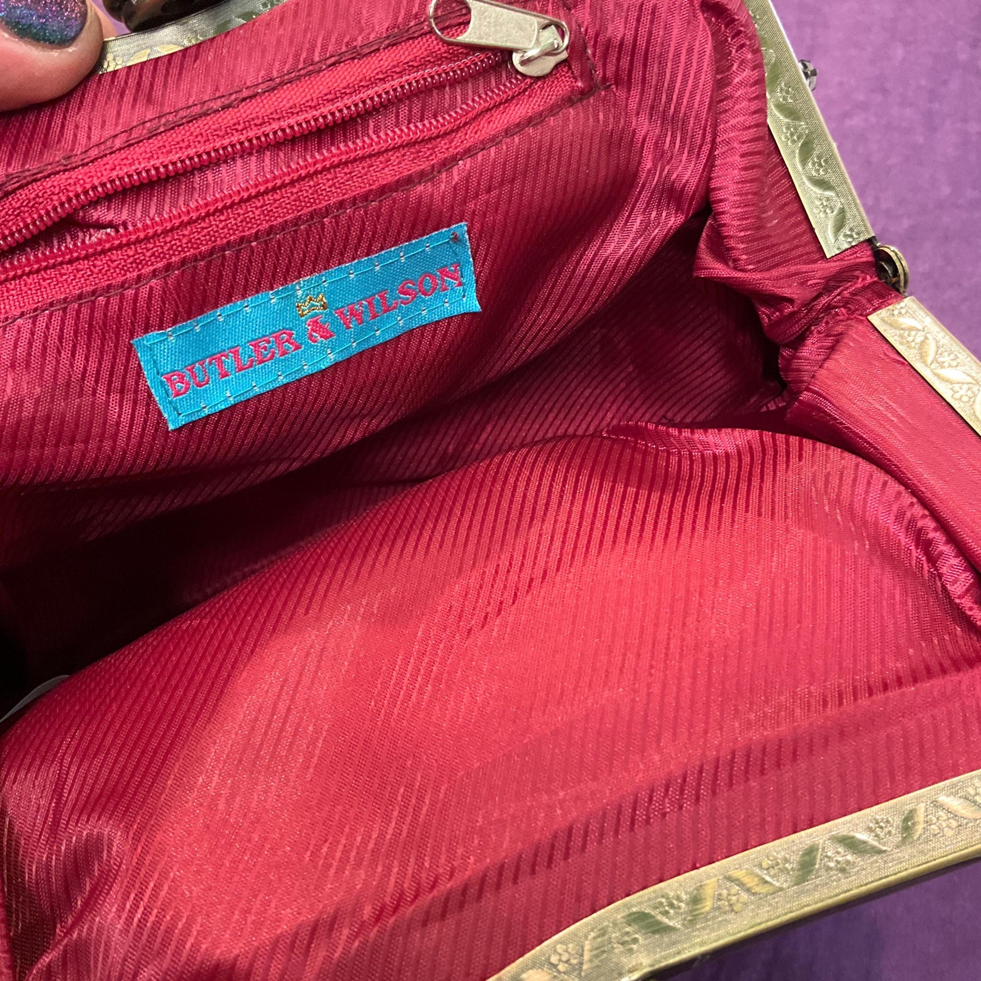 Vintage Butler and Wilson Embroidered and Beaded Satin Evening Bag, Deep Rose Pink, Abstract florals with silver crystal trim